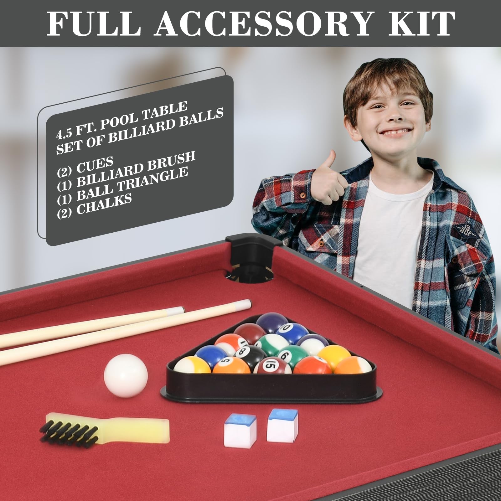 4.5Ft Portable Pool Table for Kids & Adults - Mini Billiards Game Set with 2 Cue Sticks, Balls, Triangle, Chalk & Brush - Perfect for Family Game Nights, Home Bars, Game Rooms & Indoor Recreation