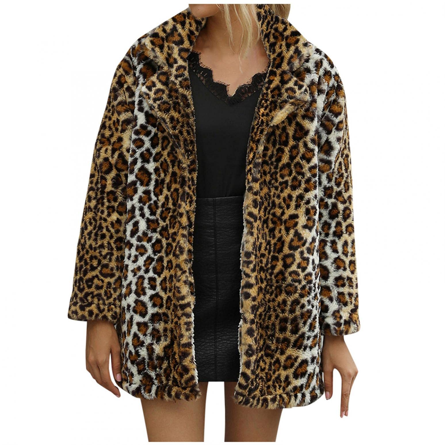 Women's Leopard Print Fuzzy Open Front Winter Cardigan Coat - Soft Artificial Fur Warm Jacket for Women - Cozy Winter Outwear for Casual Wear, Office & Date Nights