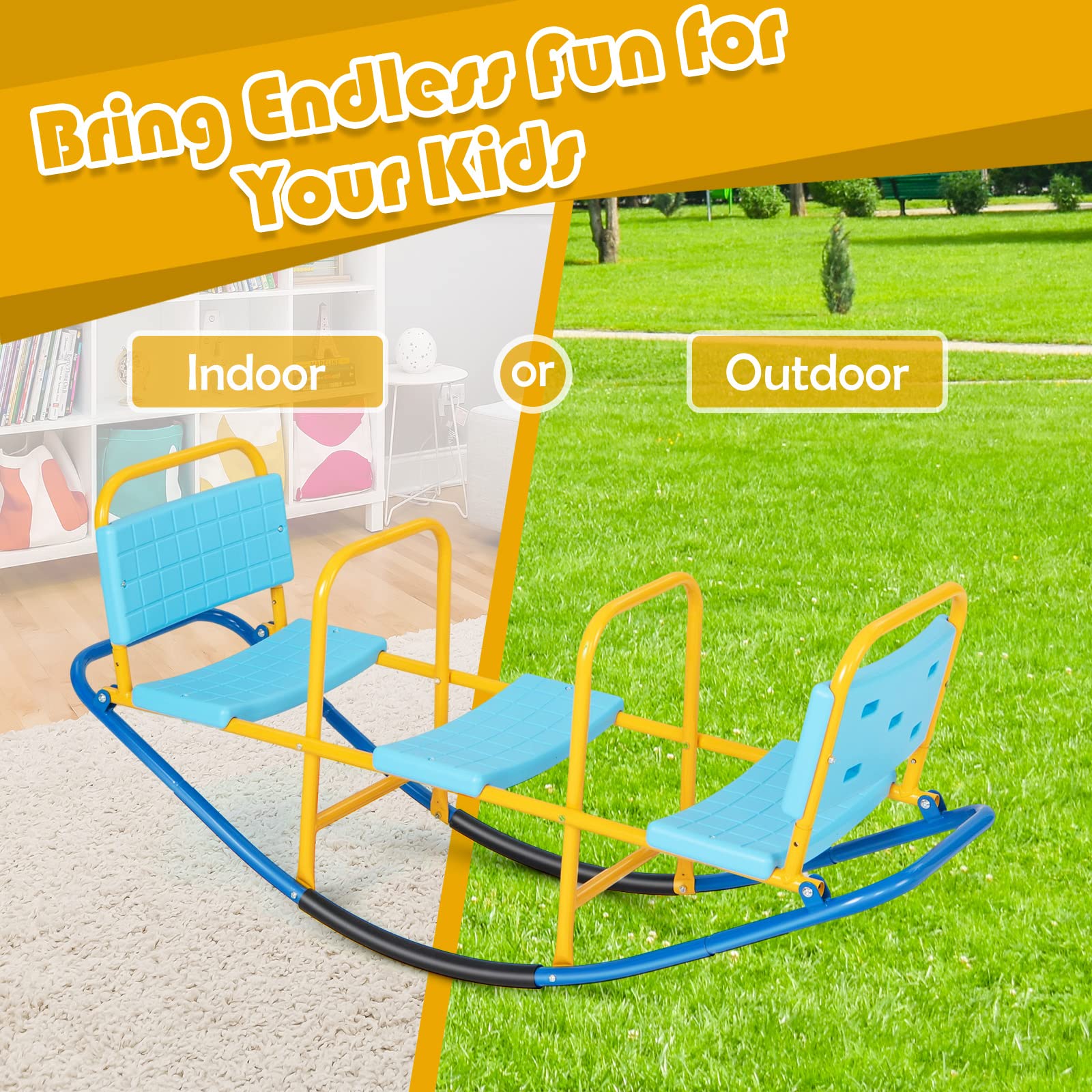Costzon 2-in-1 Metal Teeter Totter Seesaw for Kids Ages 3-8 - Outdoor Rocking Toy with Easy-Grip Handles for 1-3 Toddlers - Durable Preschool Backyard & Indoor Play Equipment - Perfect Birthday Gift for Boys & Girls - Ideal for Backyards, Parks, Daycares and Playrooms