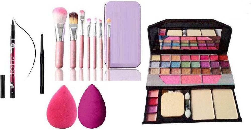 Beggie BLACK Waterproof & Smudge Proof Kajal Eyeliner - 36 Hour Long Lasting, Includes 2 Washable Makeup Sponges, 7-Piece Brush Set with Storage Box - Complete All-in-One Makeup Kit 6155 | Perfect for Daily Makeup, Professional Looks & Travel