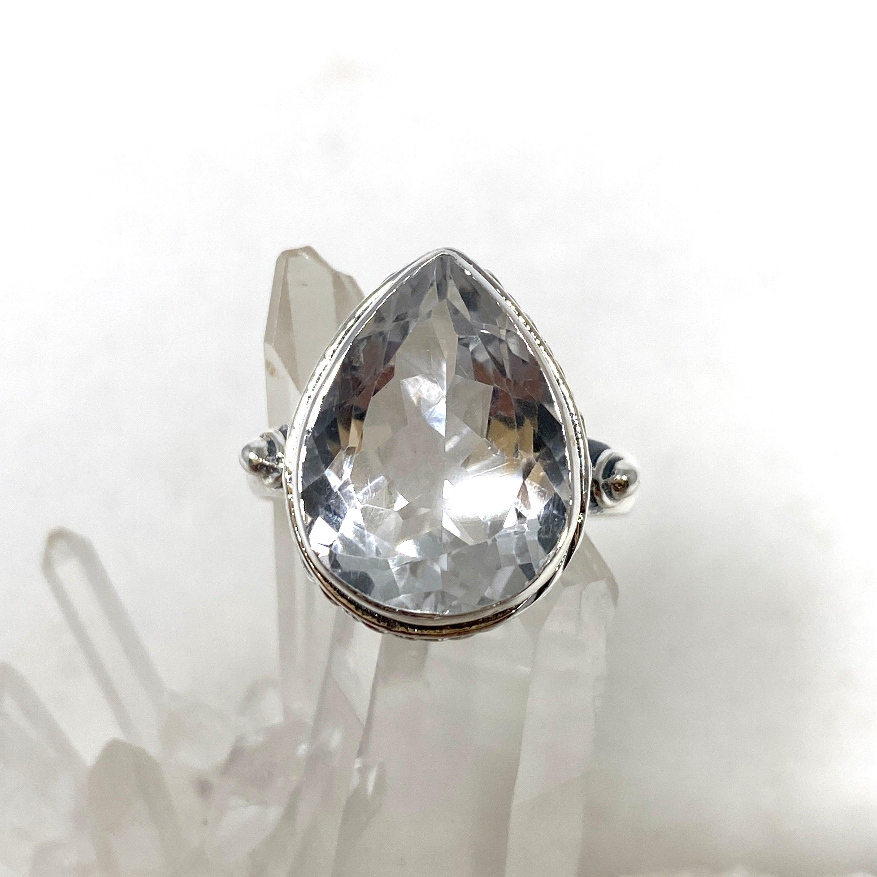 Natural Clear Quartz Faceted Teardrop Ring - Sterling Silver Elegant Setting R3817 | Spiritual Healing Jewelry, Meditation & Energy Work Accessory