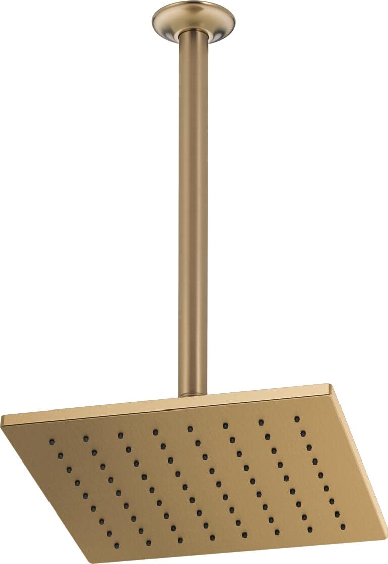 Delta Faucet Rain Shower Head - 10 Inch Luxury Gold Rainfall Shower Head with Metal Finish, Ceiling Mount Design (Champagne Bronze, Includes Shower Arm) - Perfect for Spa-Like Bathroom Experience & Modern Home Upgrade