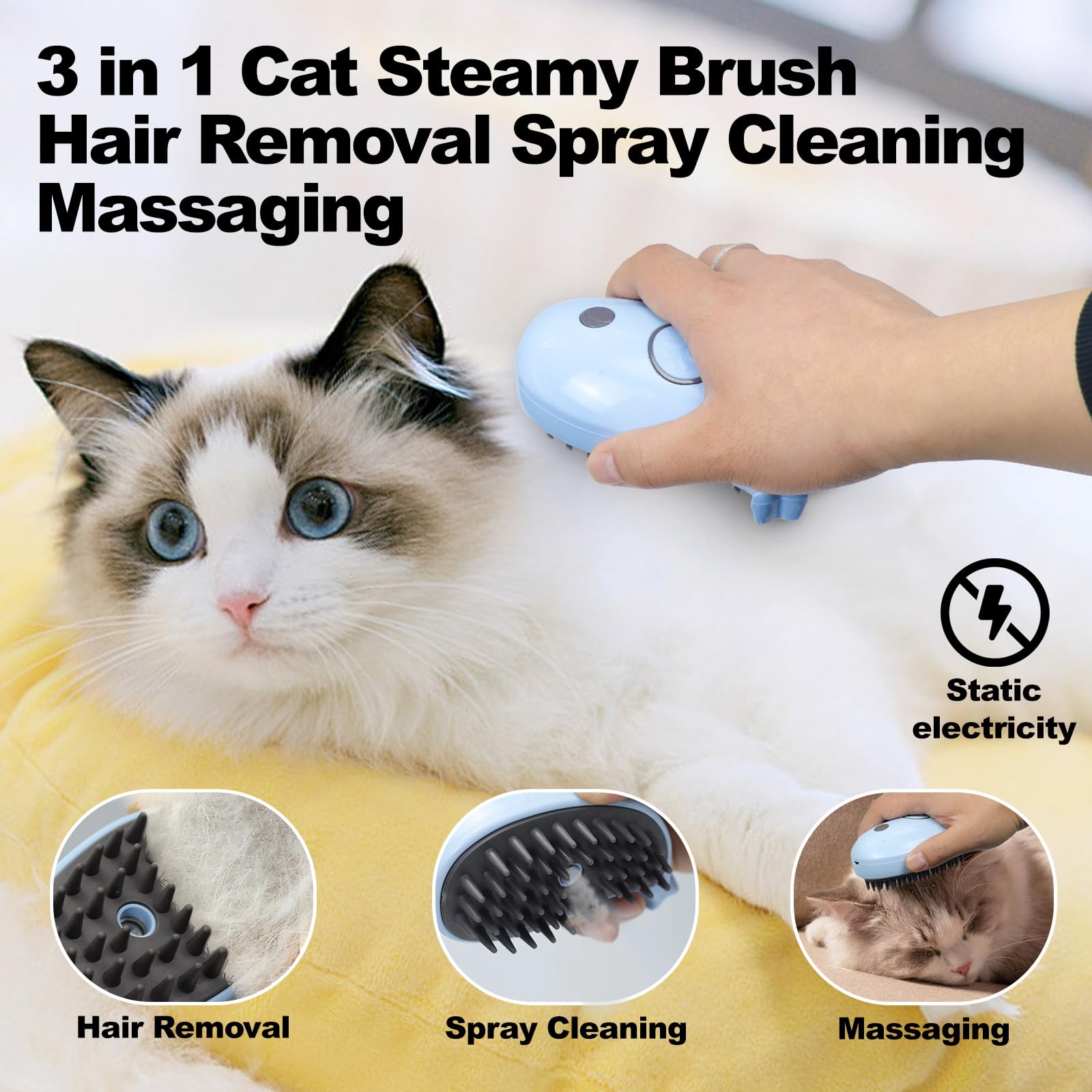 Rechargeable Cat Steam Brush - 3-in-1 Pet Grooming Tool for Shedding & Hair Removal - Perfect for Cats & Horses at Home