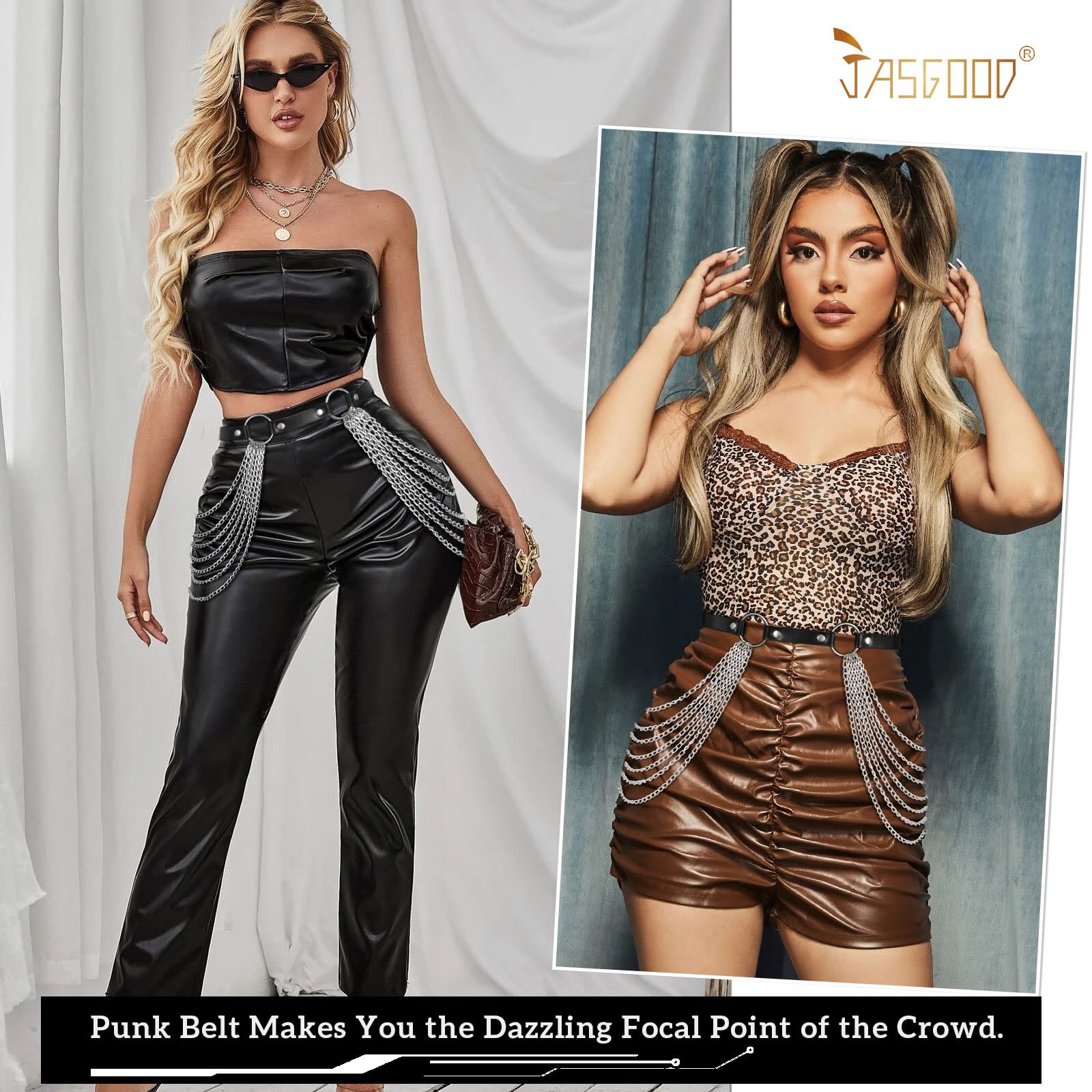 JASGOO Punk Waist Chain Belt - Black Leather Layered Belly Body Chain for Women | Gothic Fashion Accessory for Nightclub, Rave, Music Festival & Costume Party