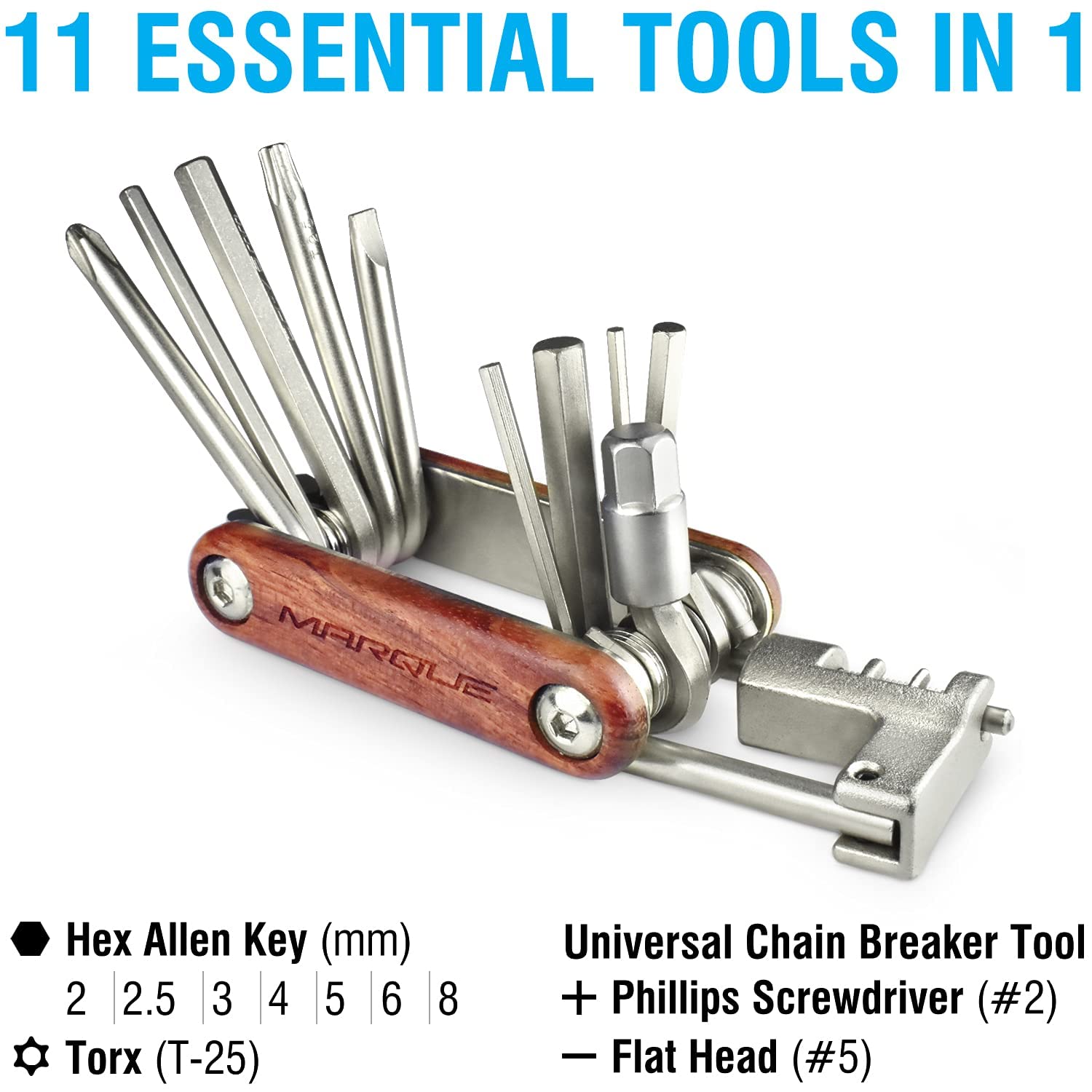 MARQUE Adjustable Bike Torque Wrench & Compact Cycling Multitool with Wood Handle - Perfect for Road Bikes, Mountain Bikes & DIY Bike Maintenance