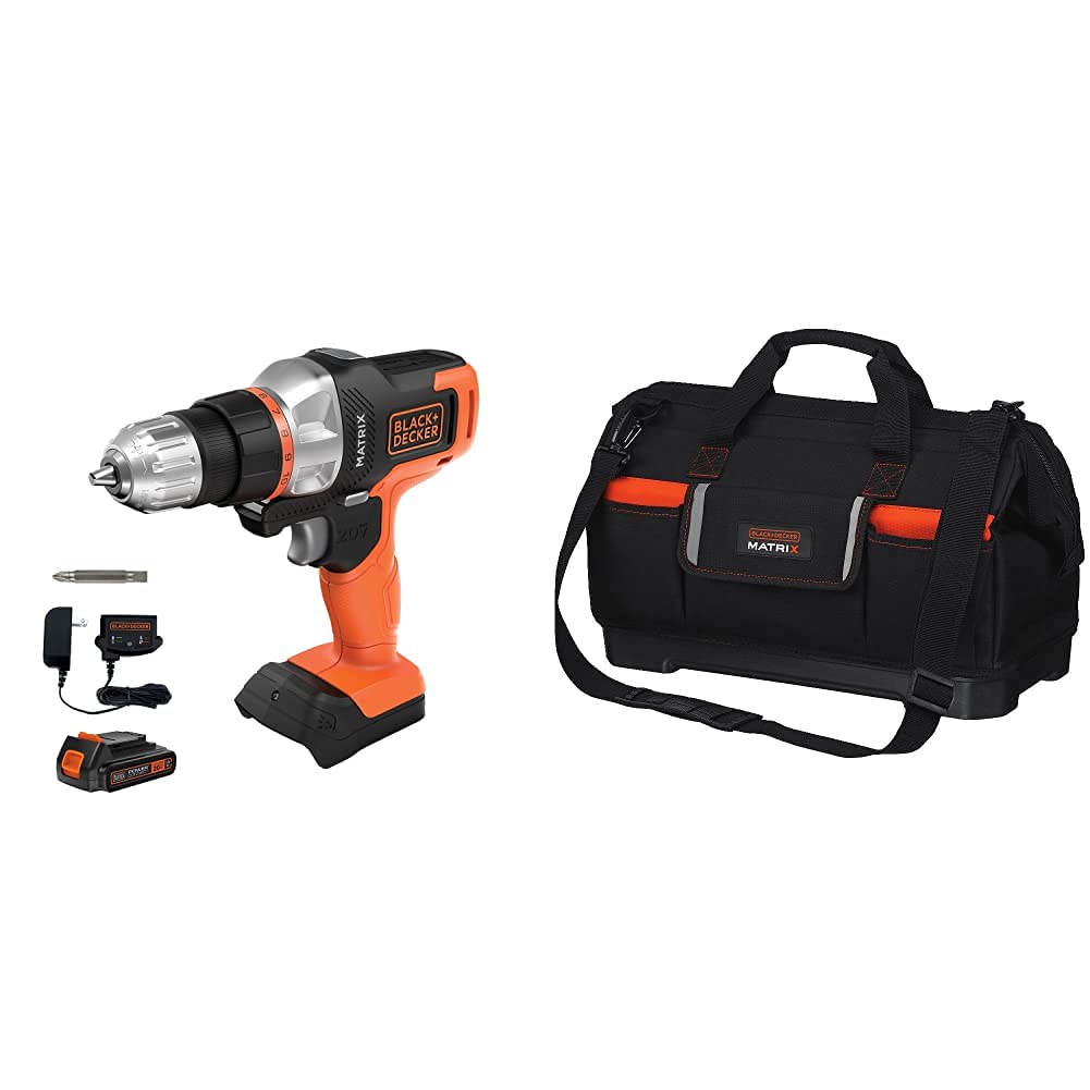 BLACK+DECKER 20V MAX Matrix Cordless Drill/Driver with Tool Tote Bag & Wide-Mouth (BDCDMT120C & BDCMTSB) - Perfect for DIY Projects, Home Repairs & Professional Construction Work