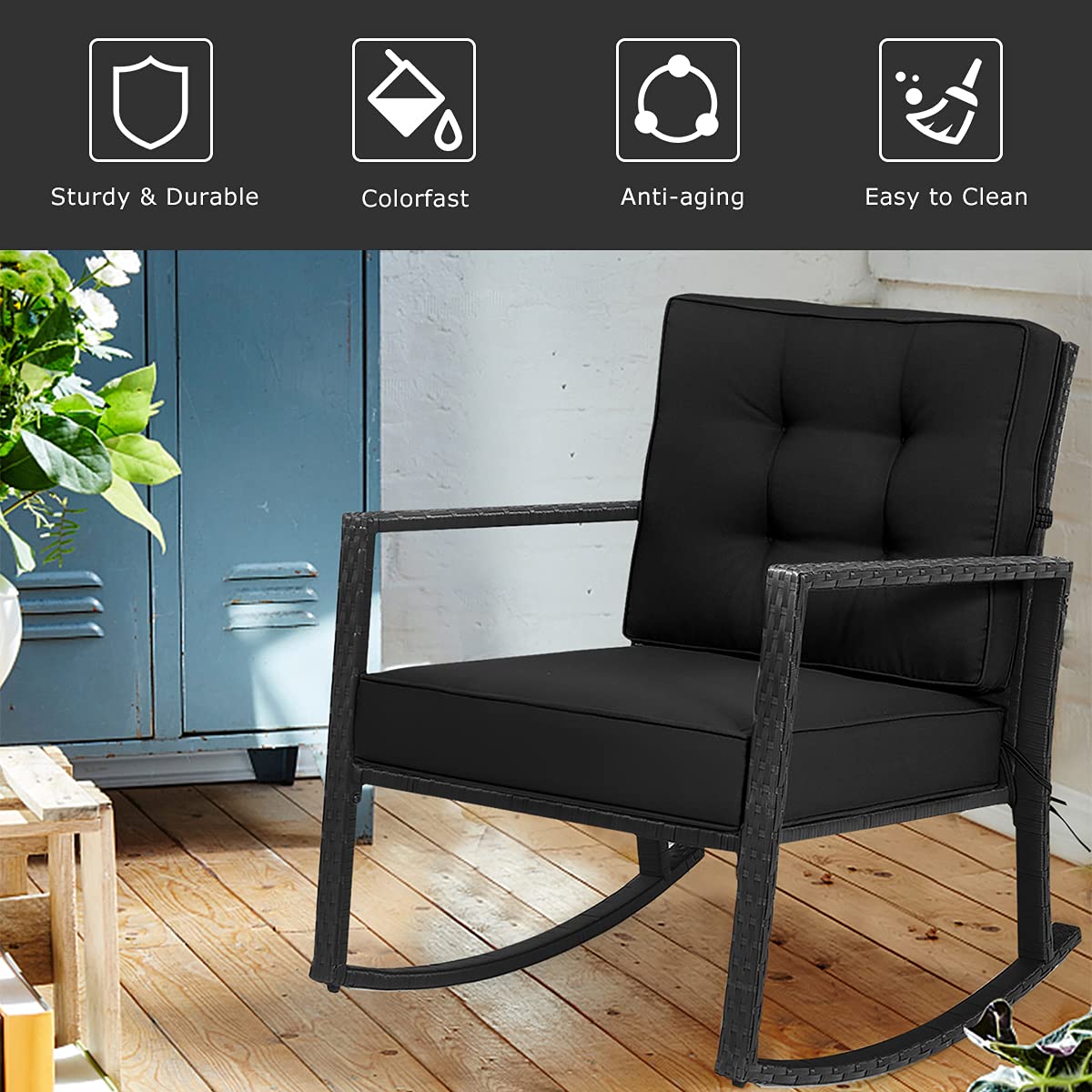 Hysache Patio Rocking Chair - Rattan Wicker Rocking Armchair with Thick Cushion & Sturdy Steel Frame - Outdoor Wicker Furniture for Garden, Porch, Backyard, Poolside - Perfect for Relaxing, Sunbathing & Entertaining (Black) (HW66722)