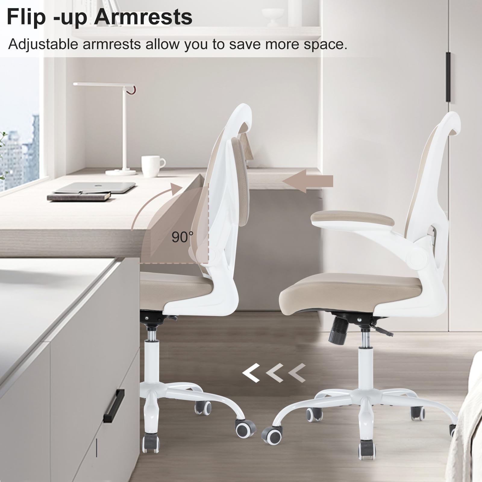 Ergonomic Office Chair with Flip-Up Armrests & Lumbar Support - PU Leather Computer Desk Chair with Thickened Cushion - Swivel Mesh Task Chair for Home Office (Khaki) - Perfect for Long Work Hours & Remote Work Setup