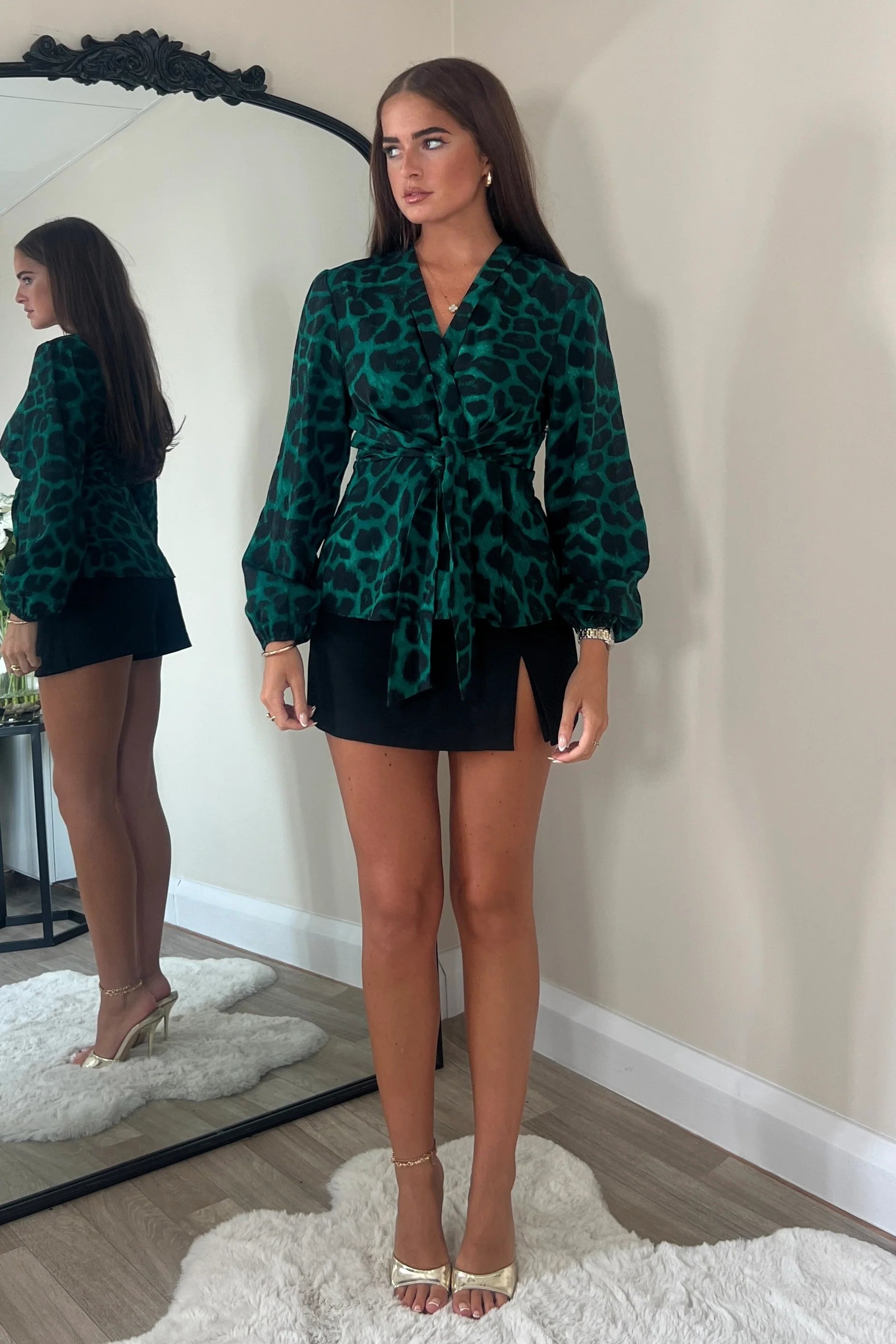 Brook Tie Front Top for Women - Green Animal Print Blouse, Casual & Elegant Style for Office, Date Night, and Summer Outfits