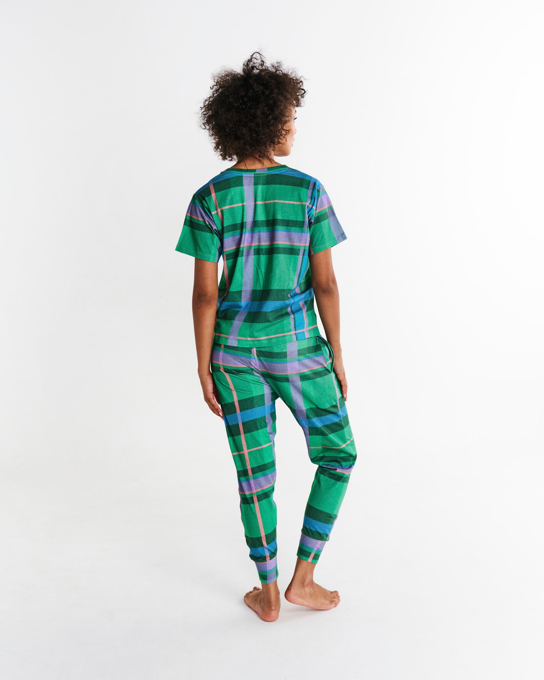 Jewel Of The Nile Tartan Organic Cotton Short Sleeve T-Shirt & Slouch Pant Pajama Set - Soft & Comfortable Sleepwear for Women - Perfect for Lounge, Sleep & Relaxation at Home