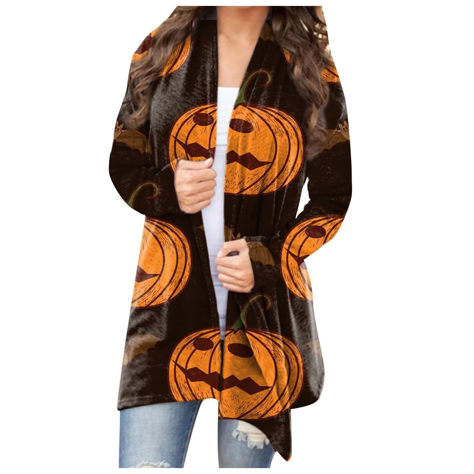 Women's Halloween Kimono Cardigan - Cat Pumpkin Print Long Sleeve Open Front Coat Sweater | Cozy Fall Loungewear, Costume Party Outfit & Cute Casual Wear