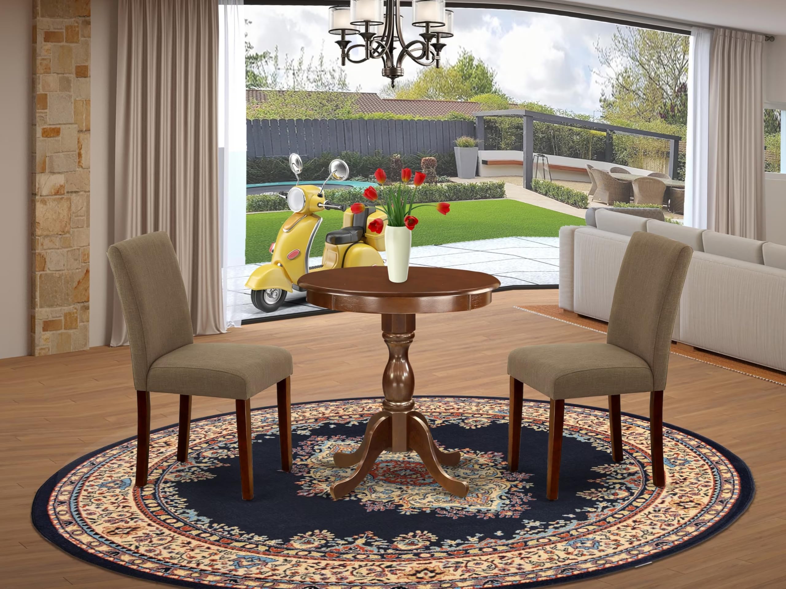 East West Furniture ESAB3-MAH-18 3-Piece Small Space Dinette Set with Round Pedestal Dining Table & 2 Coffee Linen Fabric Parson Chairs, 30x30 Inch, Mahogany - Perfect for Apartments, Breakfast Nooks & Cozy Dining Areas
