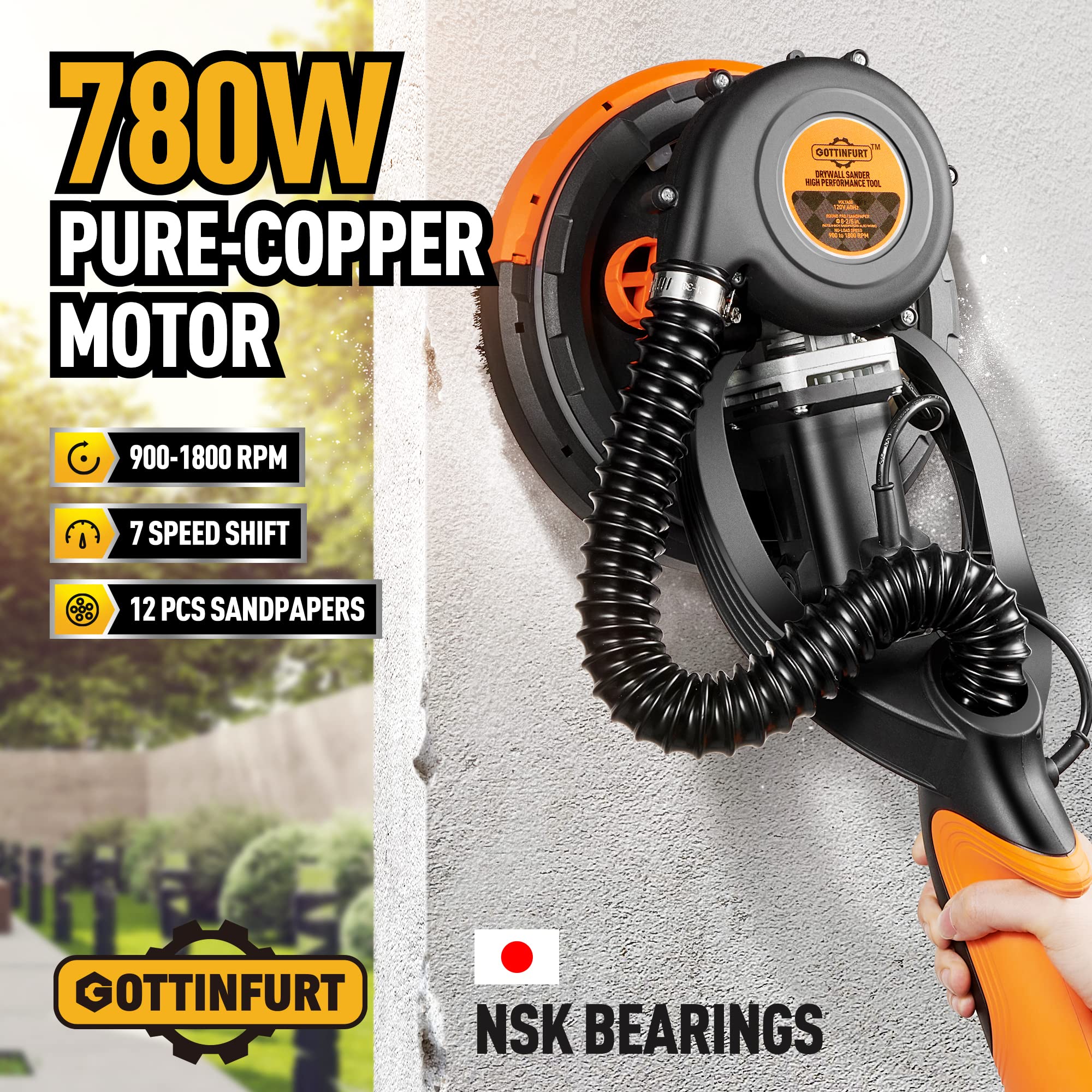 Electric Drywall Sander with Vacuum - 7 Speed Adjustable (900-1800 RPM), 95.5% Dust Removal, 14ft Hose & 26ft Power Cord - Perfect for Ceiling Sanding, Wall Smoothing & DIY Home Renovation Projects