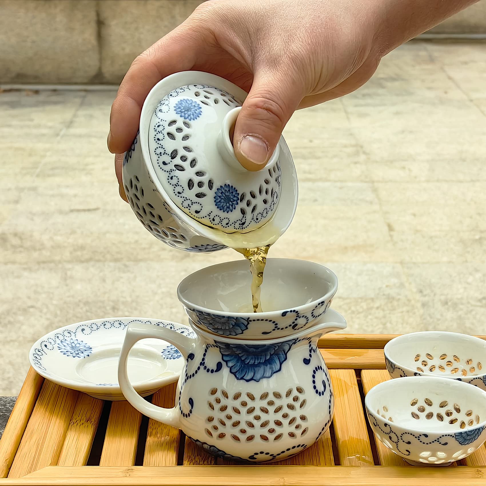 Premium Yixing Zisha Kungfu Gaiwan Tea Set - 3-Piece Gaiwan, Bamboo Tea Tray & 4 Porcelain Cups - Authentic Chinese Clay Teapot for Oolong, Pu-erh & Green Tea Ceremony | Home Brewing, Gift & Meditation Use