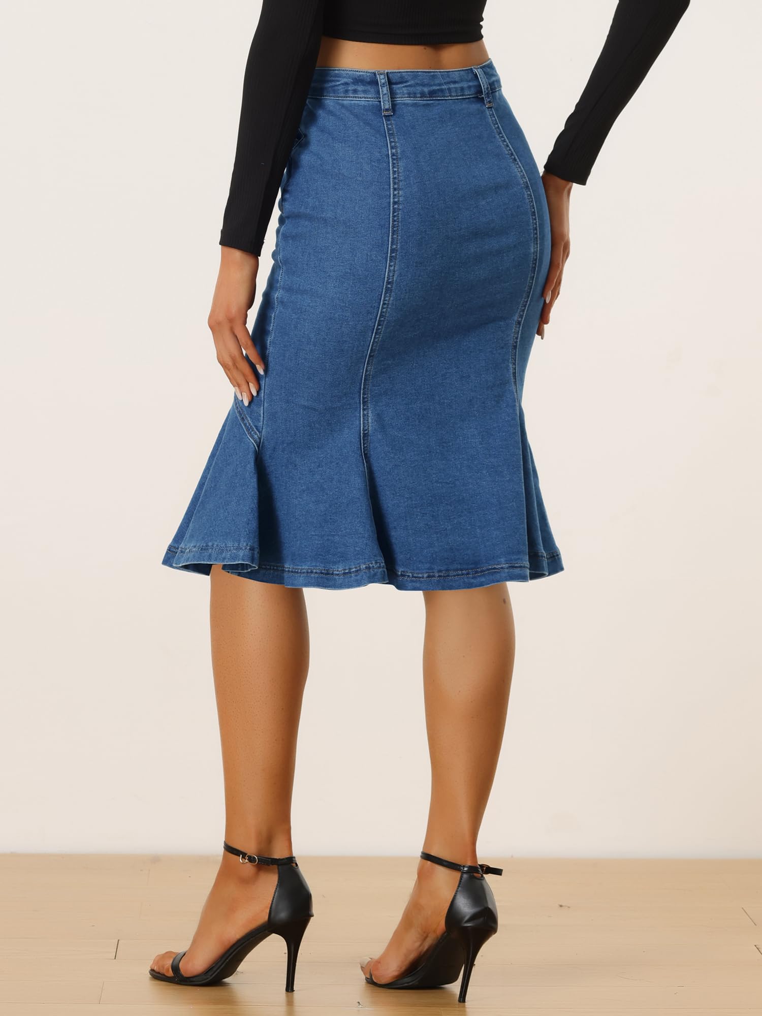 Allegra K Women's High Waist Denim Jean Skirt - Bodycon Fit with Ruffles & Fishtail Hem | Perfect for Casual Outings, Date Nights & Summer Fashion