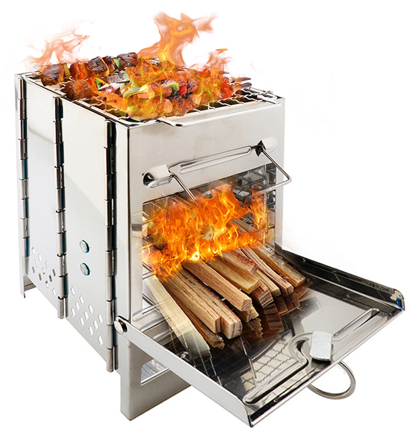 Portable Camping Wood Stove with Grill - Collapsible Stainless Steel Backpacking Burner, Lightweight Firebox with Handles for Outdoor Cooking | Perfect for Hiking, Hunting, Fishing & Survival Gear