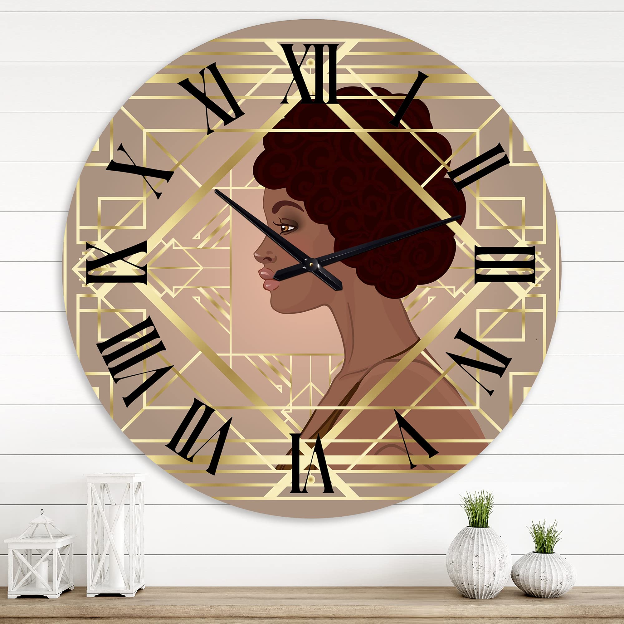 DesignQ Modern Wall Clock - Retro Women in Golden Art Deco Geometrics II - Large Decorative Wall Clock for Home & Office - Perfect for Living Room, Bedroom, Study Decor