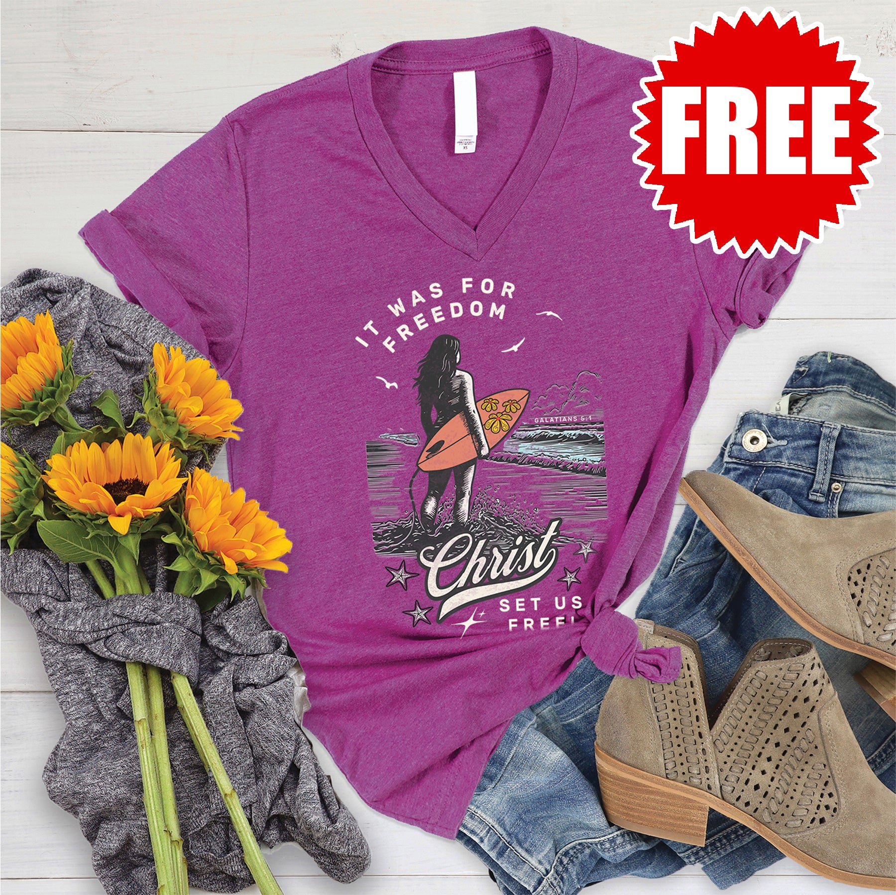Christ Set Us Free V-Neck T-Shirt - Heather Dragonfruit Color - Comfortable & Stylish Christian Apparel for Church, Worship, and Everyday Wear