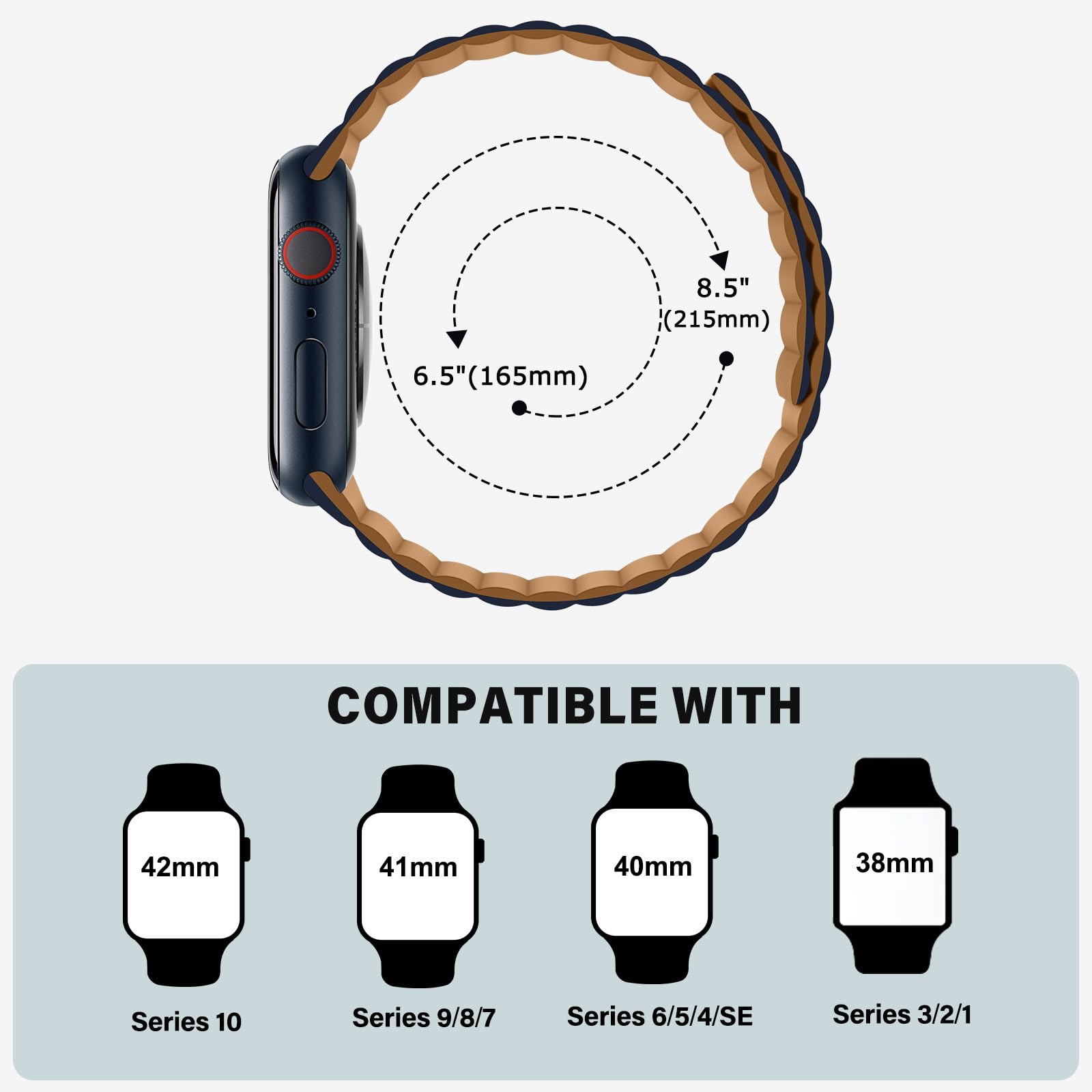 Bisikor Magnetic Silicone Band Compatible with Apple Watch Series 9/8/7/6/5/4/3/SE/Ultra - 38mm 40mm 41mm 42mm 44mm 45mm 46mm 49mm - Double Sided Wearable Strap (Brown/Indigo) for Gym, Running & Everyday Use