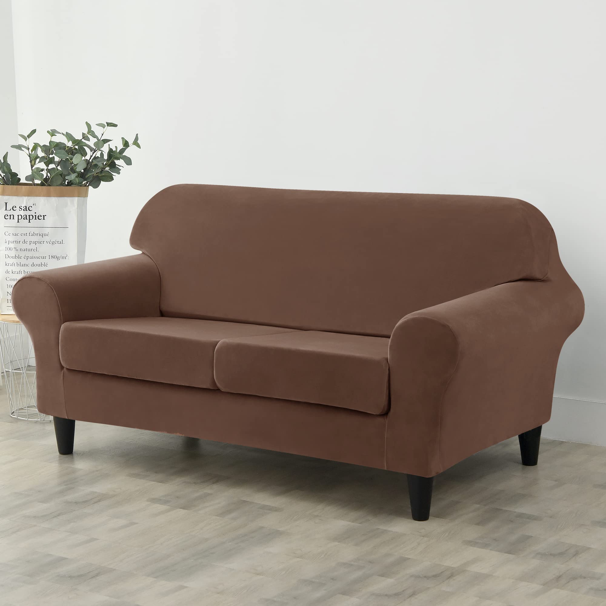 CONRUSER Stretch Sofa Slipcover - Soft Velvet 2 Cushion Couch Cover, Thick Furniture Protector for Pets & Kids (Brown, Medium) | Perfect for Living Room, Family Room & Pet-Friendly Homes