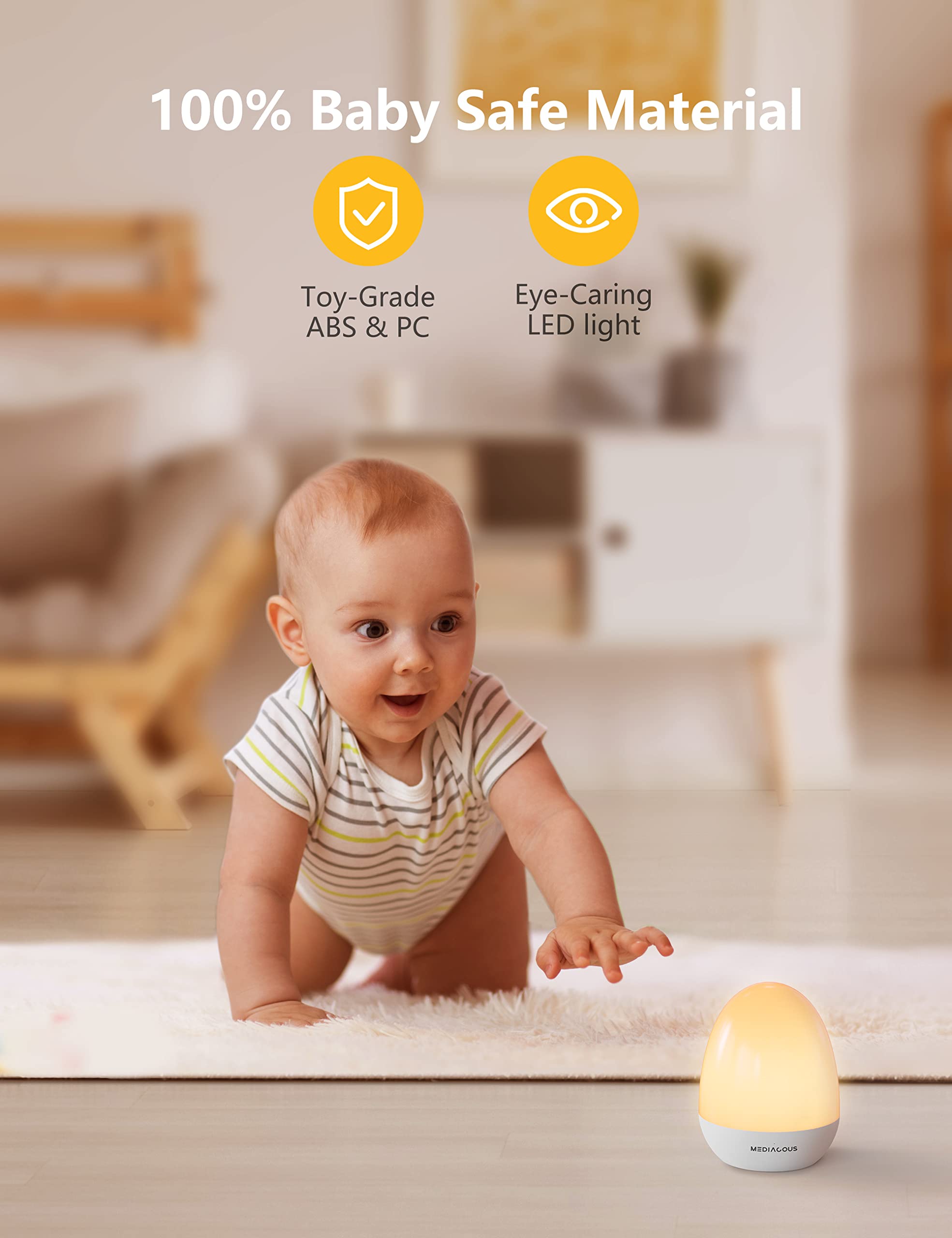 MediAcous Dimmable Baby Night Light with Stable Charging Pad - Touch Control LED Egg Lamp for Kids, 1H Timer & 200H Battery Life - Perfect for Nursery, Breastfeeding, Bedtime & Kids' Room Decor