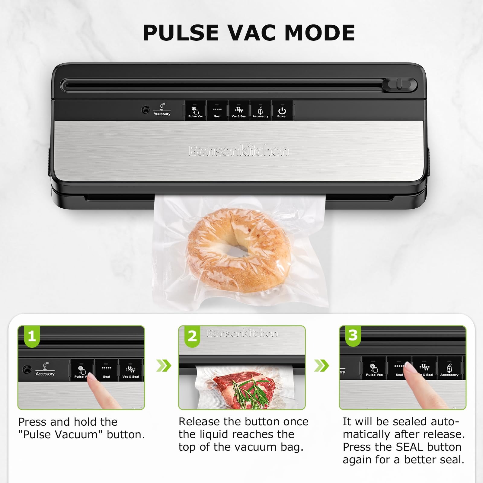 Bonsenkitchen Vacuum Sealer Machine - Automatic Food Sealer with 50 Bags & 1 Roll, Built-in Cutter | High-Speed Continuous Sealing for Meat, Cheese, Vegetables | Compact Design for Kitchen, Camping & Meal Prep (Black)