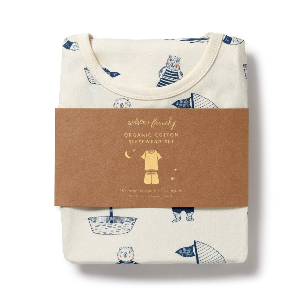 Nautical Bear Organic Cotton Short Sleeve Pajama Set for Women - Soft & Breathable Sleepwear for Summer Nights, Lounging at Home