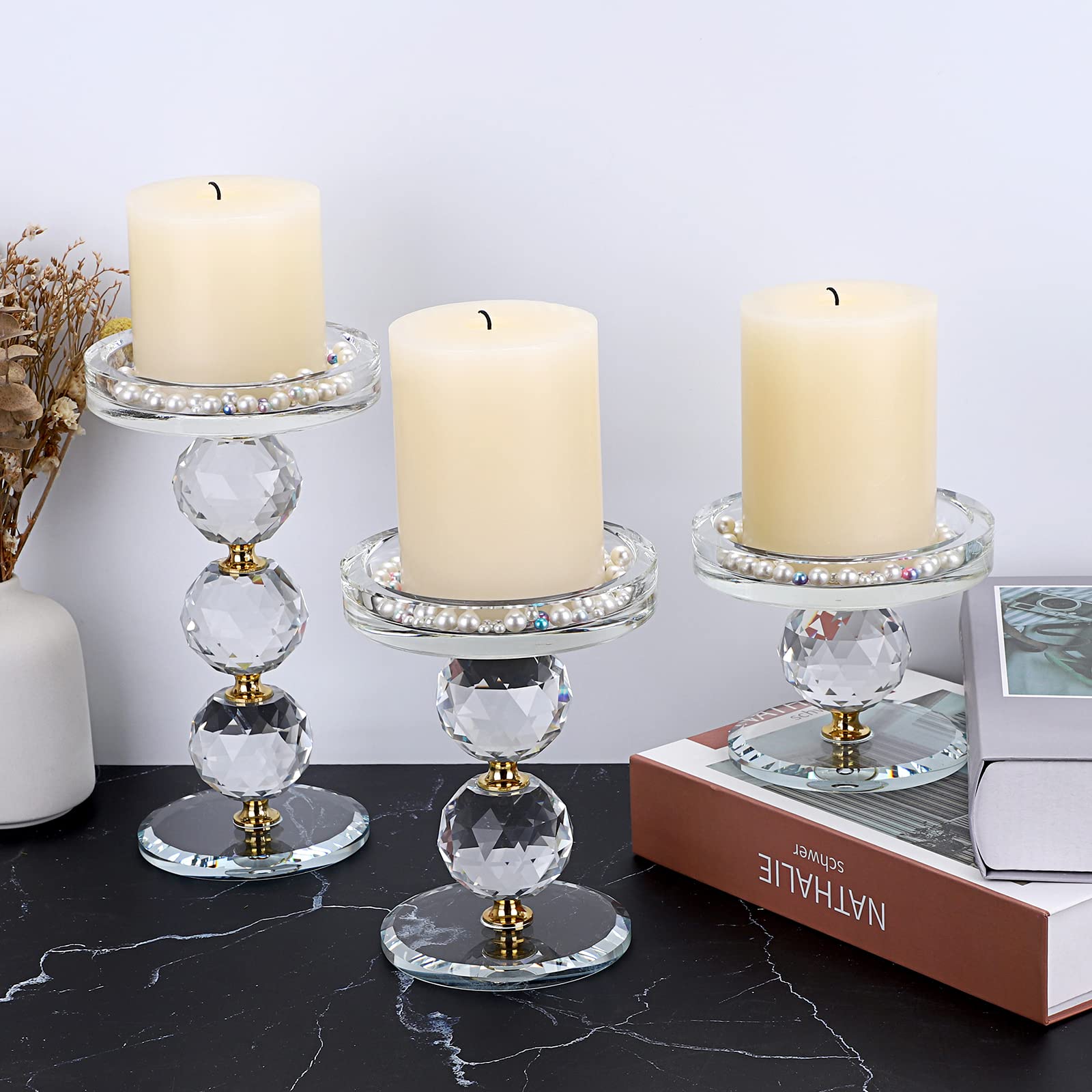 Set of 3 Gold Crystal Glass Pillar Candlestick Holders - Elegant Votive & Tea Light Candle Holders - Modern Candle Centerpiece for Wedding, Living Room, Dining Table Decor - Perfect for Romantic Dinners, Holiday Decorations & Special Events