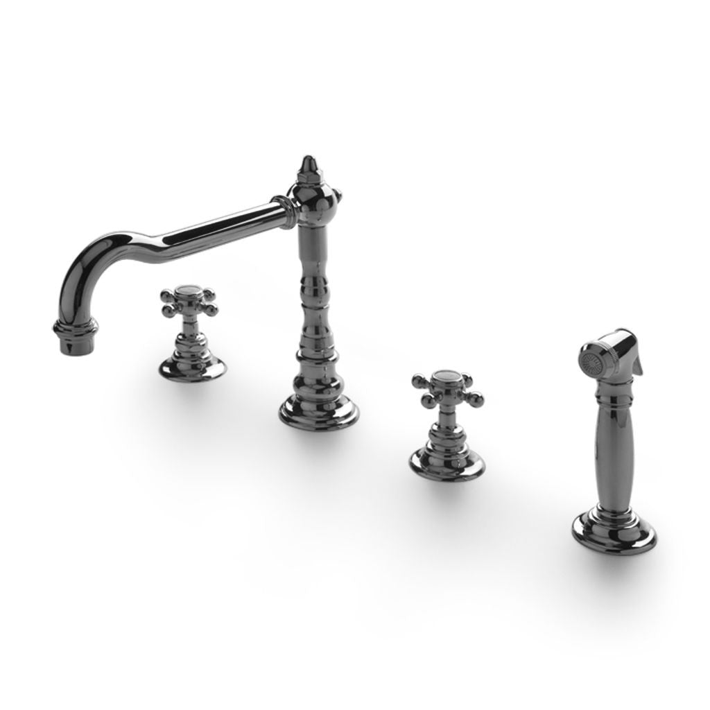 Waterworks Julia Three Hole High Profile Kitchen Faucet with Metal Cross Handles and Spray in Burnished Brass - Perfect for Modern Farmhouse, Industrial & Traditional Kitchens