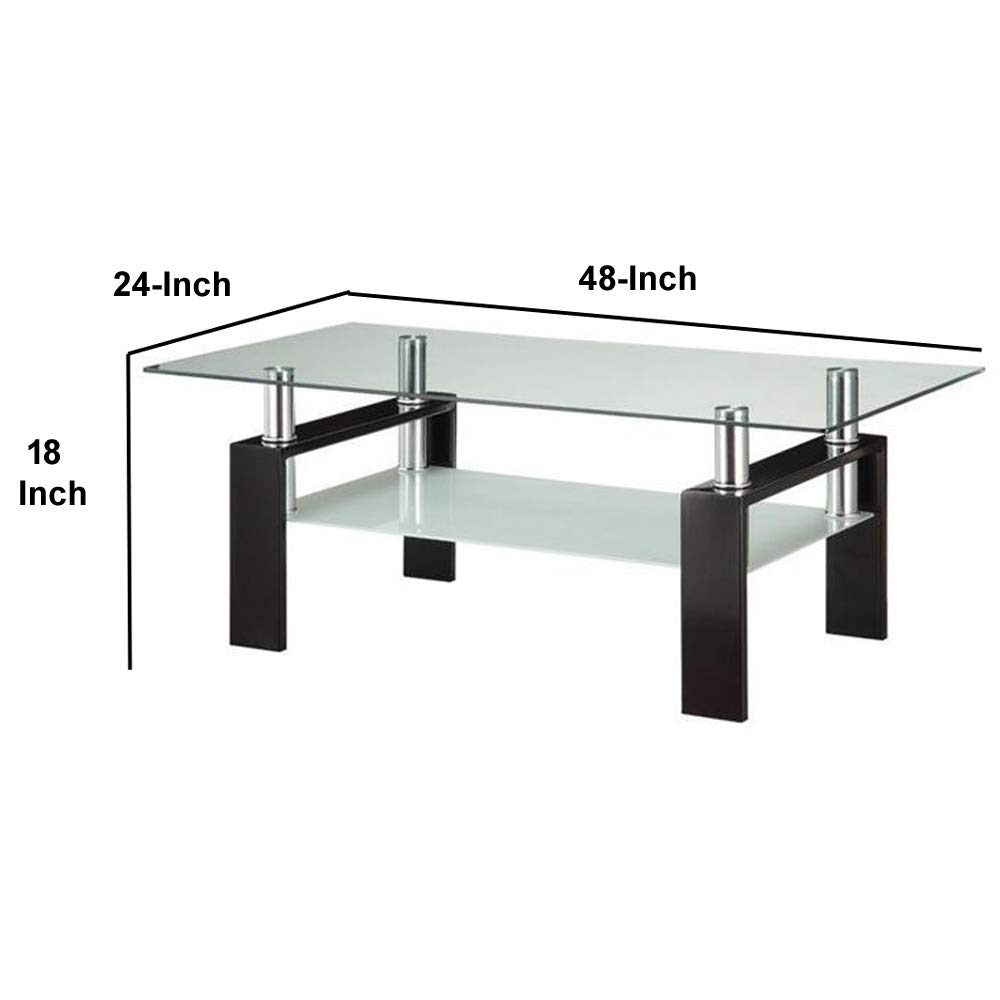 Clear Glass Coffee Table with Black Metal Base & Shelf - Modern Living Room Decor