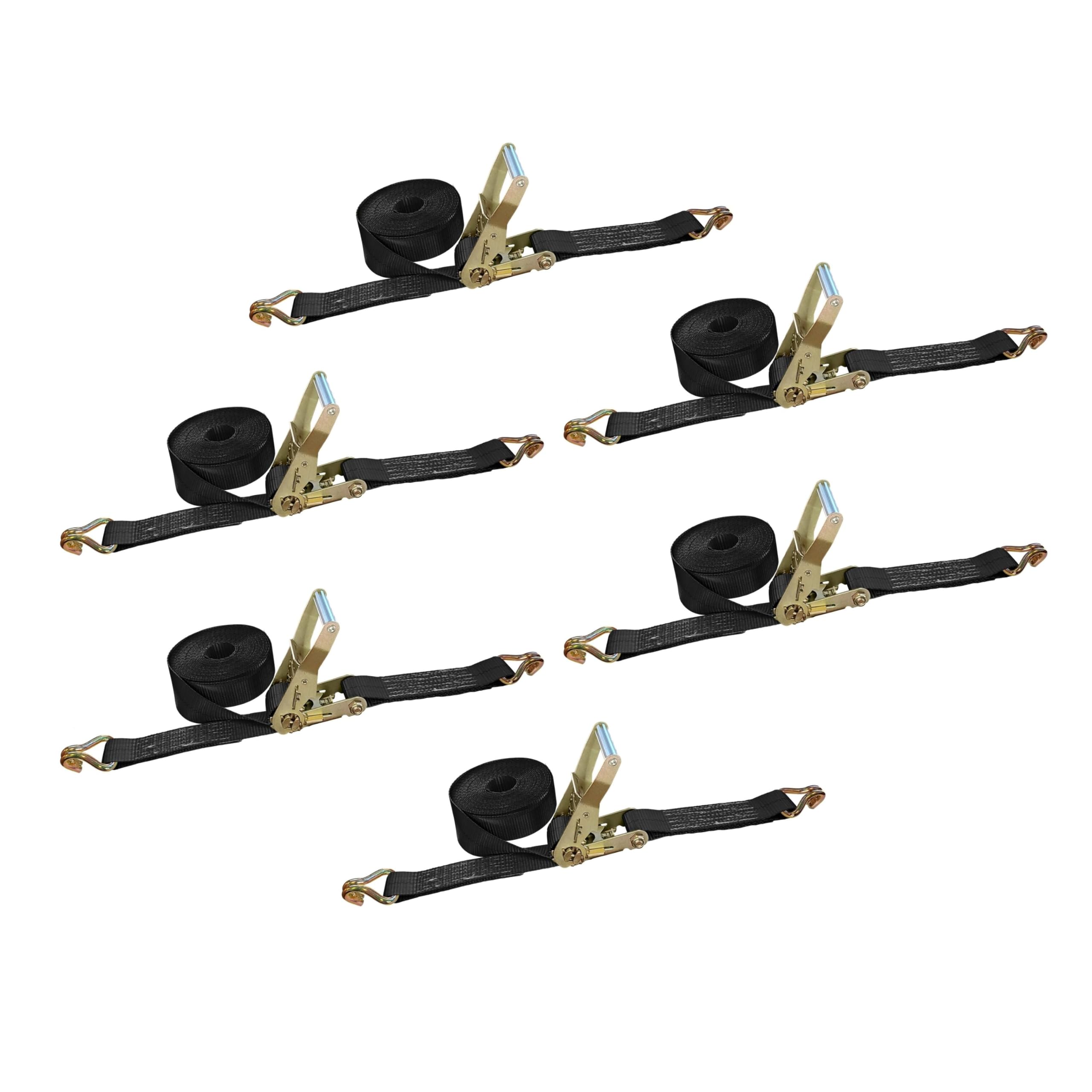 Heavy Duty J Hook Ratchet Straps (6-Pack) - 2 Inch x 30 Foot, 10,000 lbs Break Strength - Secure Tie Down Straps for Flatbed Trailers, Trucks & Cargo - Perfect for Transporting Furniture, Motorcycles & Heavy Equipment