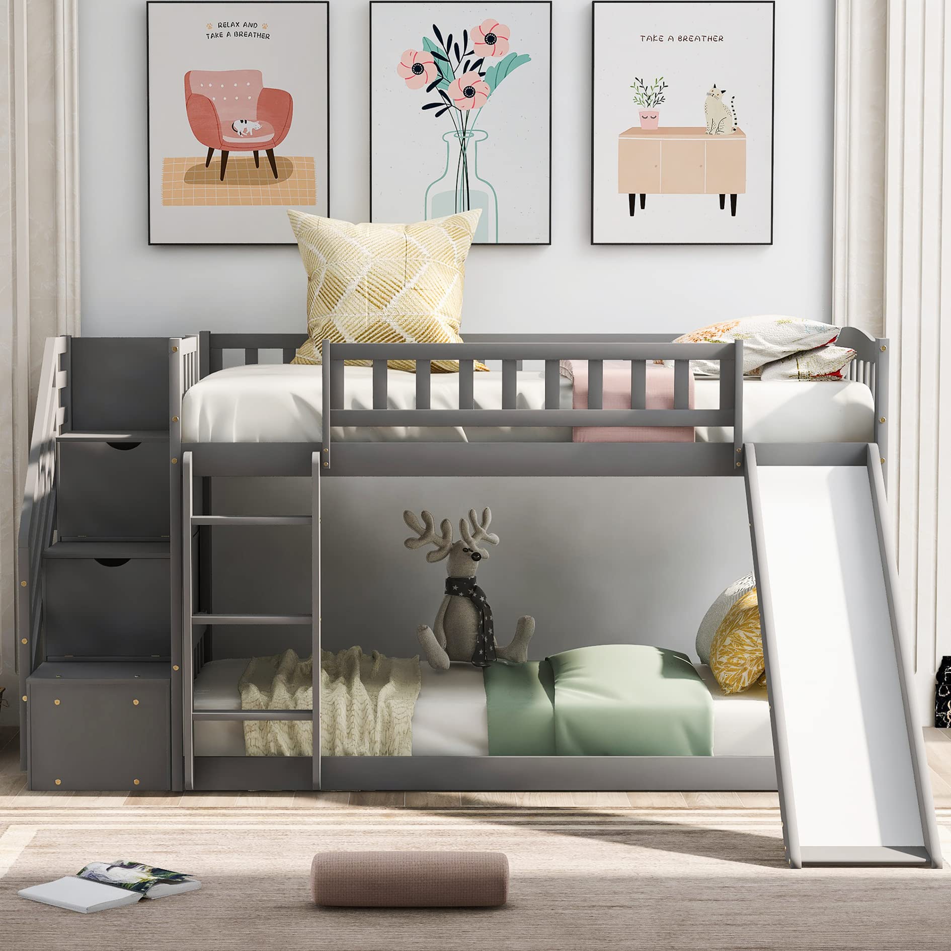 Low Twin Over Twin Wooden Bunk Bed with Slide, Stairs & Storage | Kids Bunk Bed for Boys & Girls | Perfect for Small Bedrooms, Playrooms & Shared Kids' Spaces - Gray