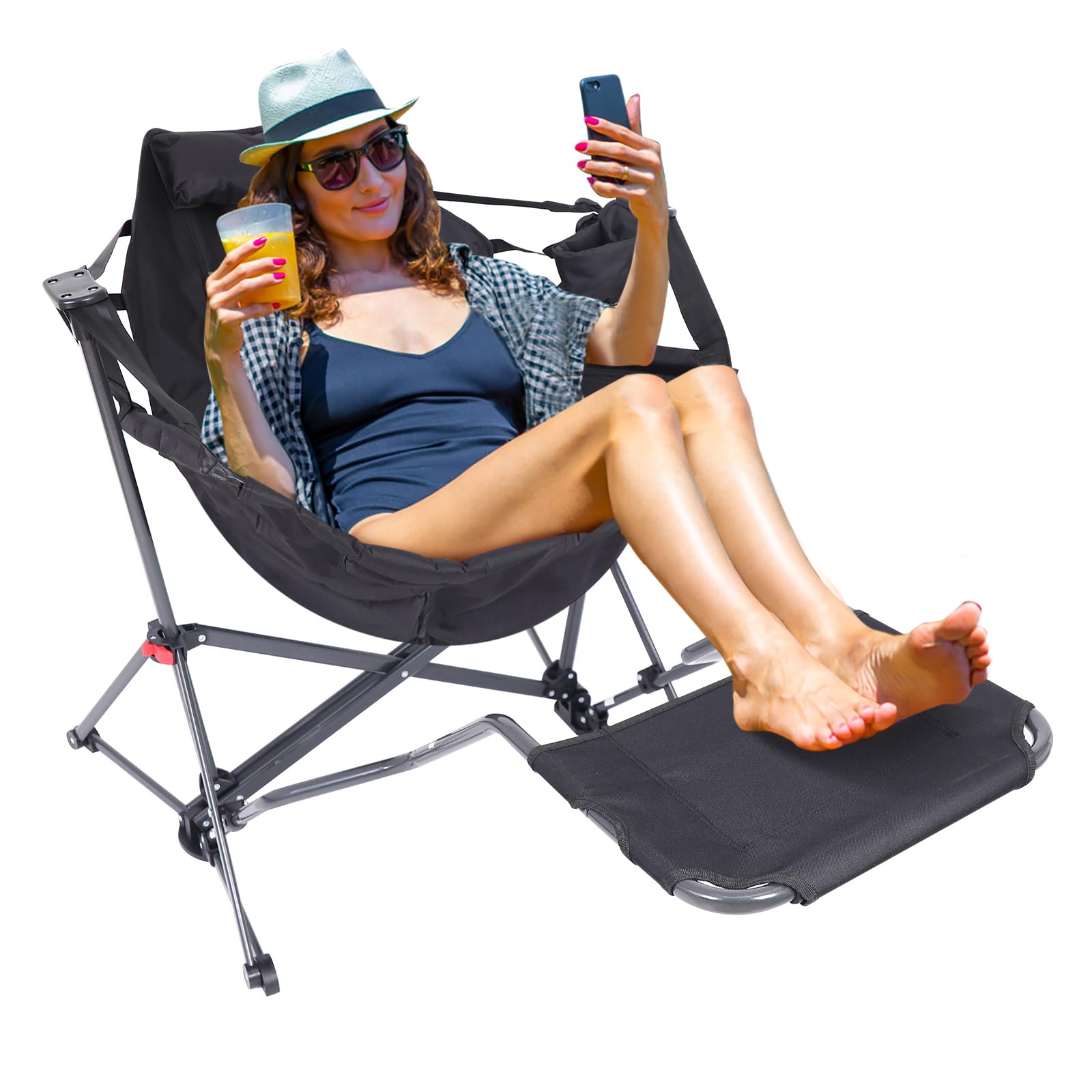 Premium Hammock Camping Chair with Stand - Heavy Duty Rocking Swivel Chair with High Back Support, Cup Holder & Side Pockets - Portable Outdoor Lounge Chair for Backyard, Beach, Camping & Patio Relaxation (Black with Footrest)