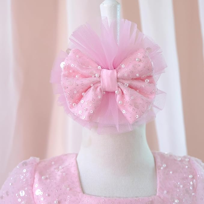 Baby Girl Long Sleeve Tutu Dress with Bowknot - Lace & Feather Flower Girl Party Outfit for Infants & Toddlers (Pink Sequin, Age 1 Year) - Perfect for Christmas, Birthday, Wedding & Special Occasions - Cute Photo Shoot & Holiday Celebration Outfit