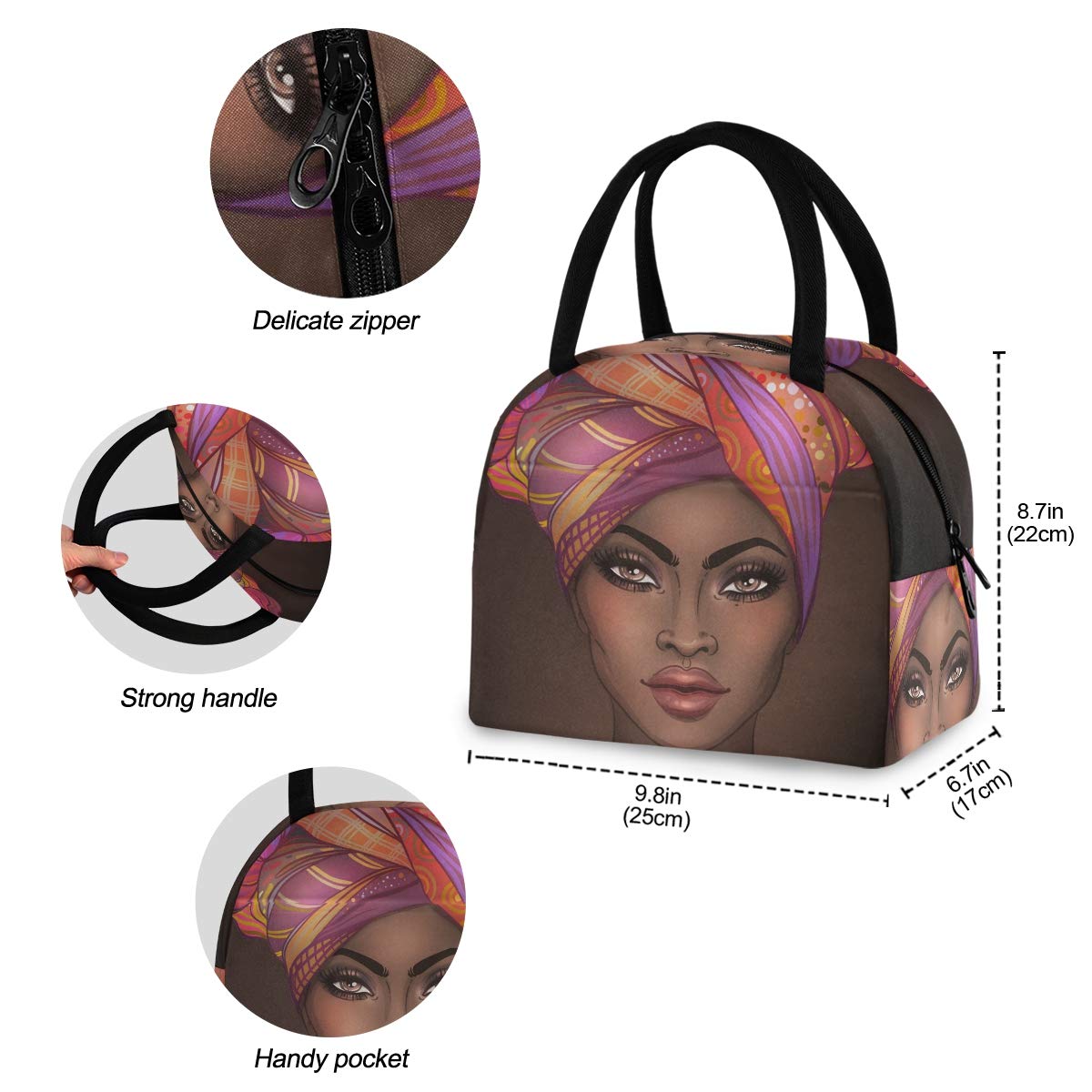 Insulated Lunch Bag Cooler Tote for Women - African Pretty Girl Design - Perfect for Work, School & Picnics