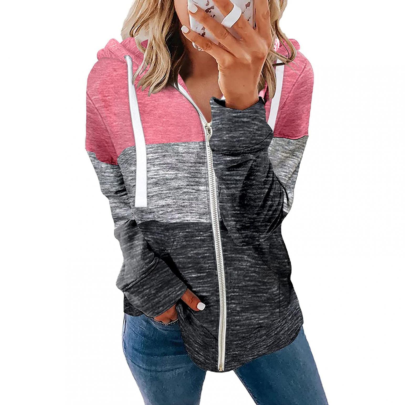 Coolbiz Women's Patchwork Full-Zip Hoodie Jacket - Long Sleeve Casual Sweatshirt with Pockets | Cozy Fall & Winter Wear for Outdoor Activities