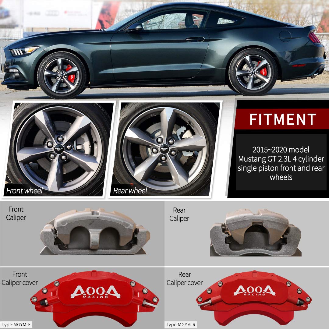 AOOA Red Brake Caliper Covers with White Characters - Set of 4 - Compatible with Ford Mustang EcoBoost - Perfect for Car Enthusiasts & Performance Upgrades