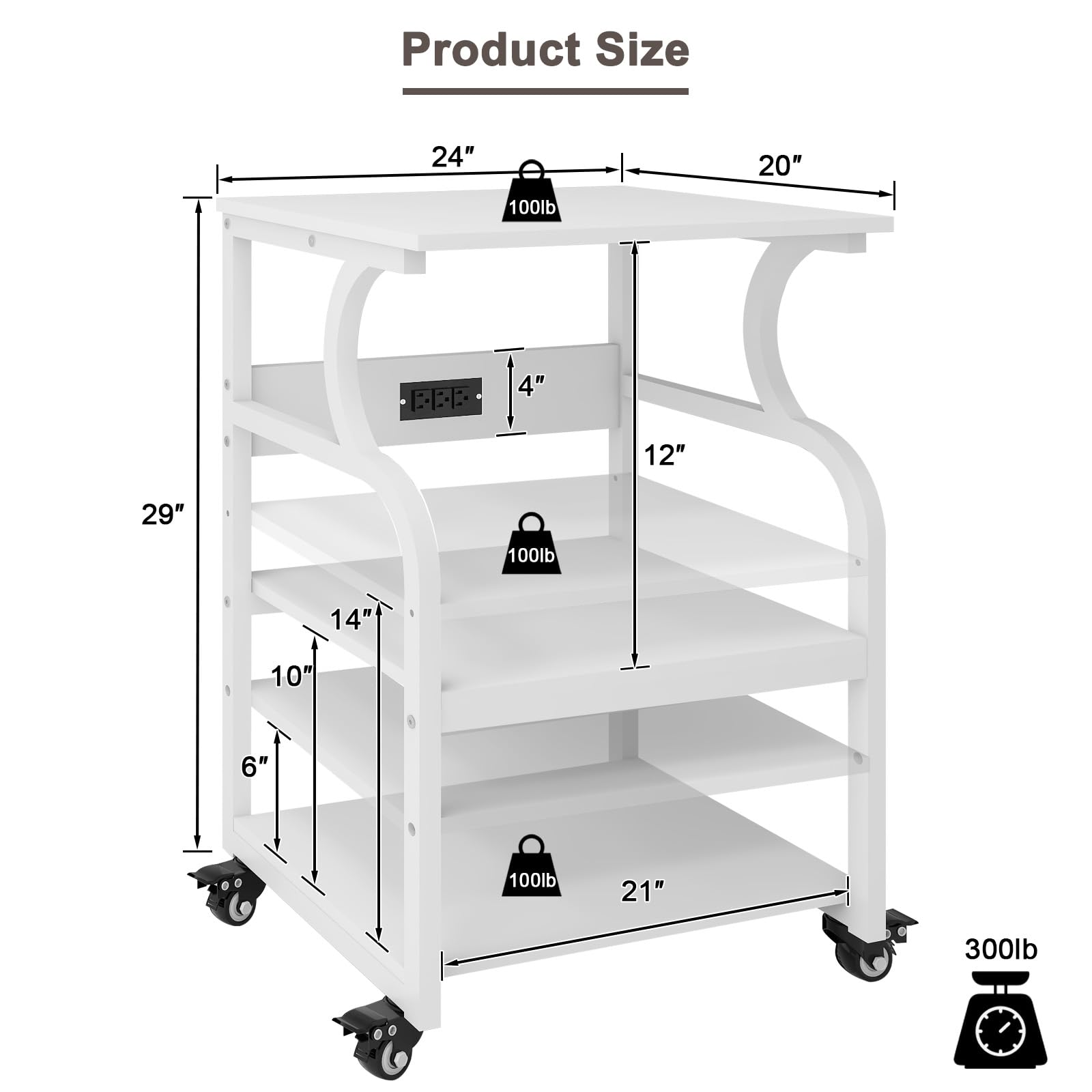 Natwind Large Adjustable 3-Tier Rolling Printer Cart with Wheels - 24''x20''x29'' Printer Stand with Storage Shelf - Multifunctional Home Office Shelves for Heat Press & 3D Printer (White) - Perfect for Craft Rooms, Office Organization & Small Business Workspaces
