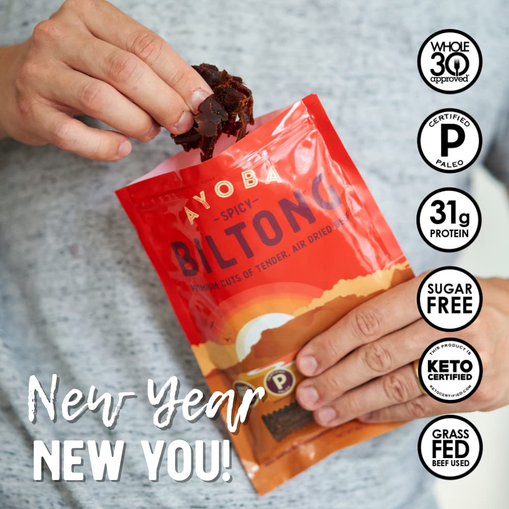 Ayoba Spicy Grass Fed Beef Biltong Slices (2oz, 3-Pack) - Keto, Paleo, Gluten Free, Whole30 Approved, Sugar Free, Low Carb Meat Snacks - Perfect for Hiking, Camping & On-the-Go Protein Boost