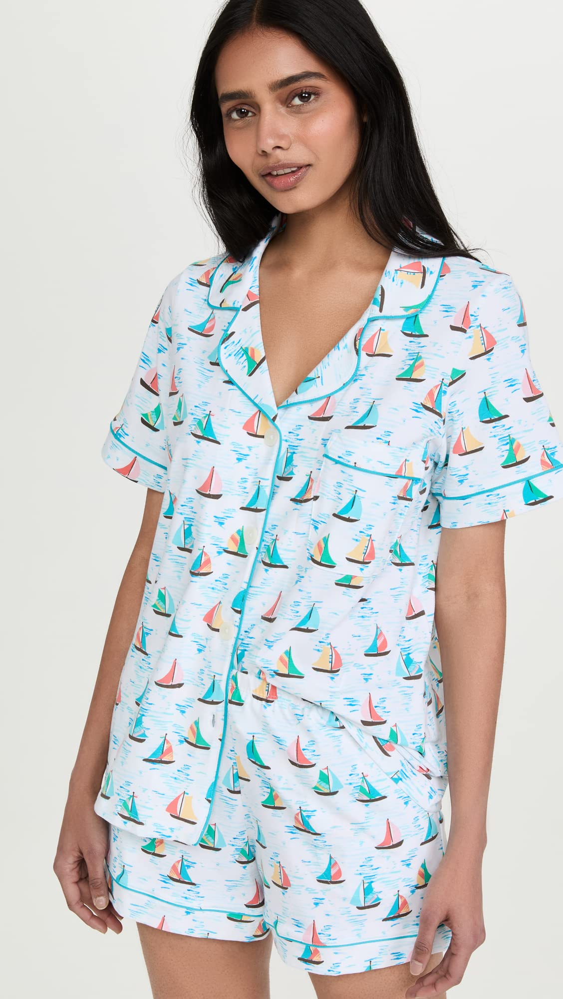 Women's Short Sleeve Classic Shorty PJ Set - BedHead Pajamas | Blue Regatta Print | XS | Comfortable Sleepwear for Lounge & Vacation