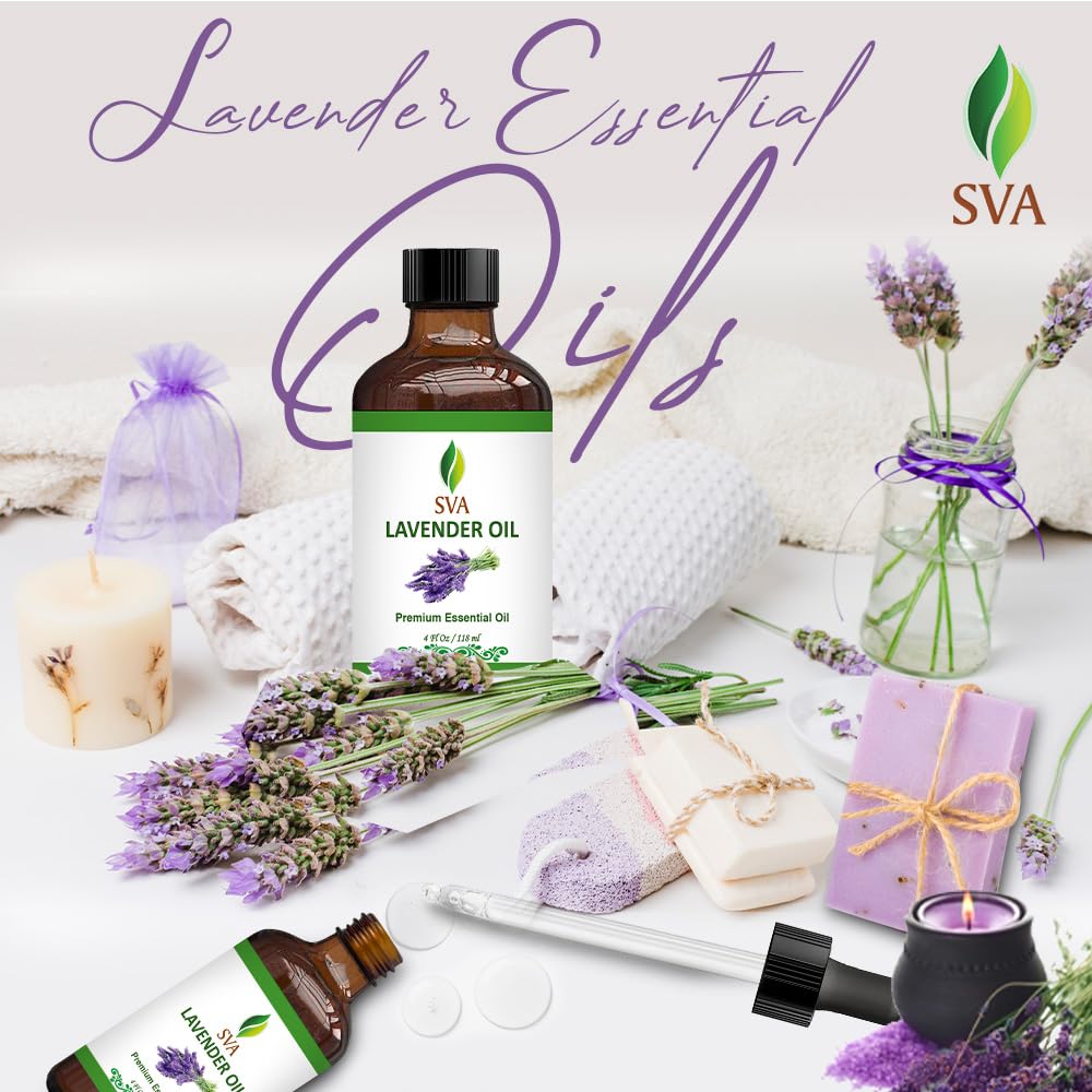 **SVA 100% Pure Lavender Essential Oil – 4 Fl Oz (120ml) – Natural Aromatherapy Oil for Diffusers, Hair & Skin Care, Massage, Soap & Candle Making – Includes Dropper – Perfect for Relaxation, Stress Relief & Home Spa**
