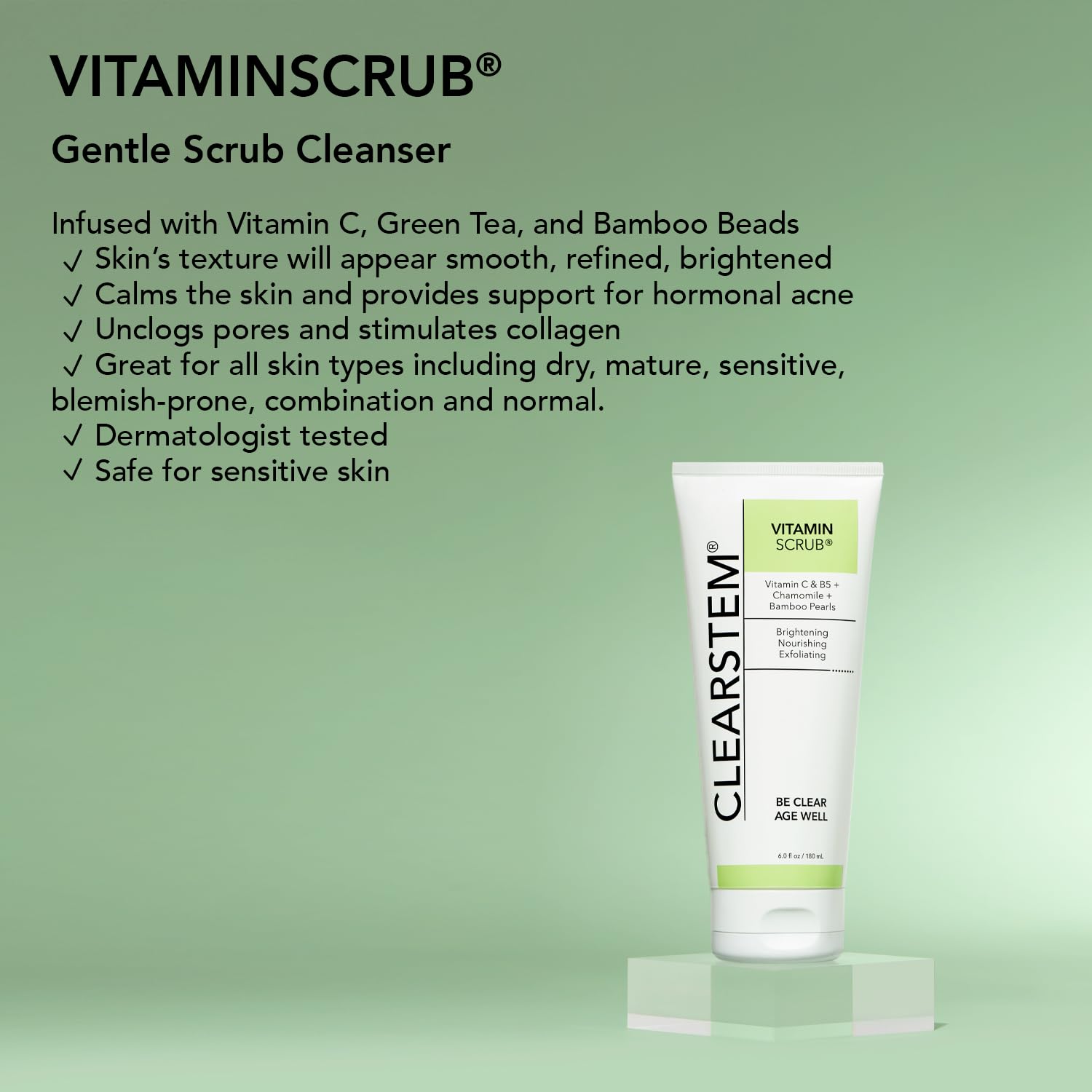 CLEARSTEM Vitamin C Scrub - Antioxidant-Infused Exfoliating Face Wash & Body Scrub with Hemp & Bamboo | Vegan, Gluten Free, Cruelty Free Skincare (6 fl oz/177ml) | Perfect for Brightening Dull Skin & Reducing Blemishes
