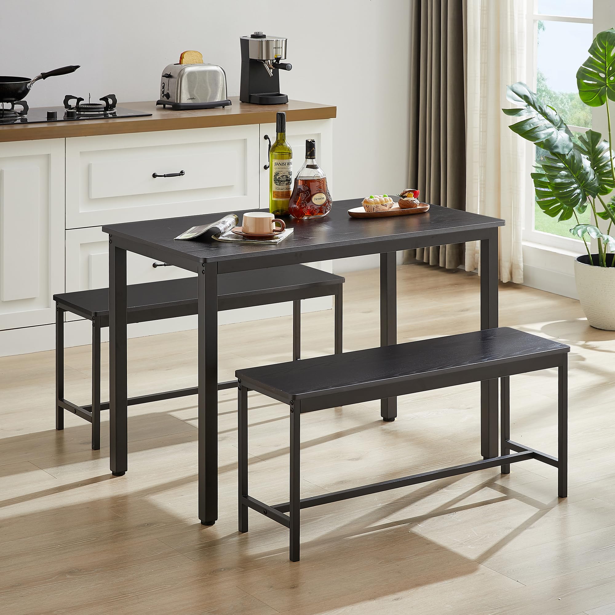 JULYFOX 3-Piece Modern Dining Room Set with Bench - Rectangular Table & Chairs for 4, Metal & Wood Kitchen Furniture for Small Spaces in Black | Perfect for Apartments, Breakfast Nooks & Cozy Dining Areas