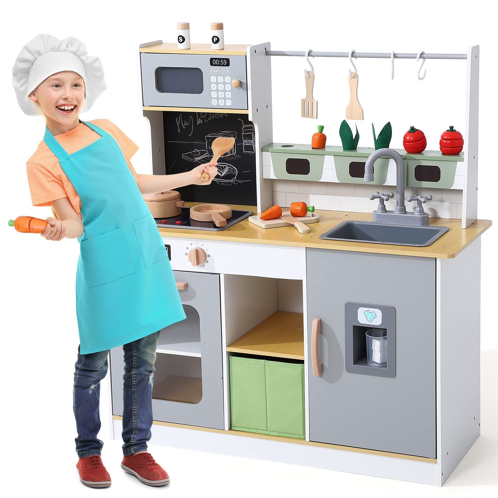 Bophy Wooden Farm & Kitchen Playset for Kids - Pretend Play Cooking Set with Cookware, Ice Maker, Chalkboard & Planter | Educational Toy for Toddlers & Preschoolers | Perfect for Indoor Play, Birthday Gifts & Role-Playing Games