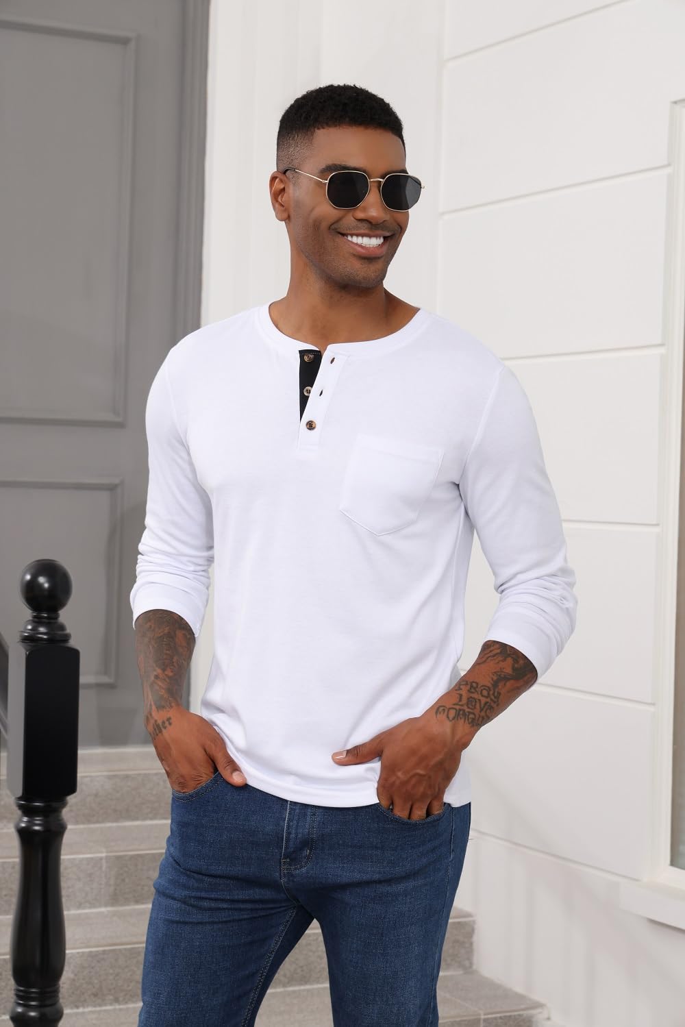 Naggoo Men's Casual T-Shirts & Henley Shirts - Soft Cotton Long Sleeve Basic Tees with Chest Pocket | Perfect for Everyday Wear, Work & Outdoor Activities