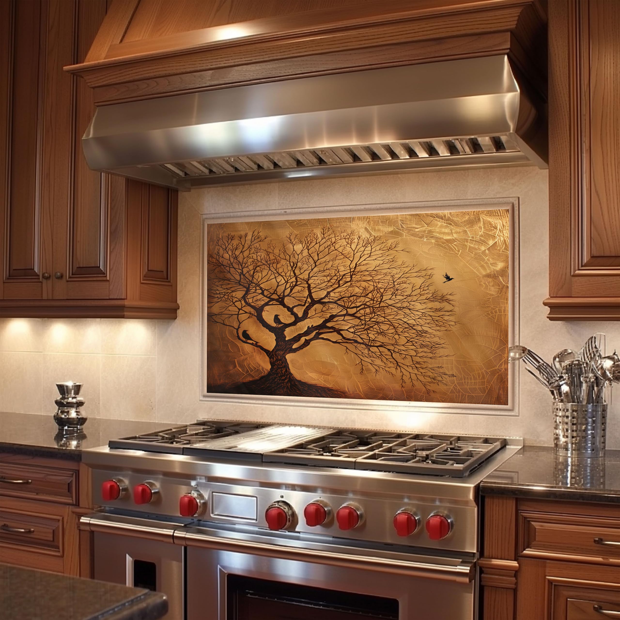 Tree of Life Tempered Glass Kitchen Backsplash - Heat Resistant, Easy to Clean Stove Backsplash, Stick-On Tiles for Modern Kitchen Walls, Perfect for Cooking and Baking Spaces