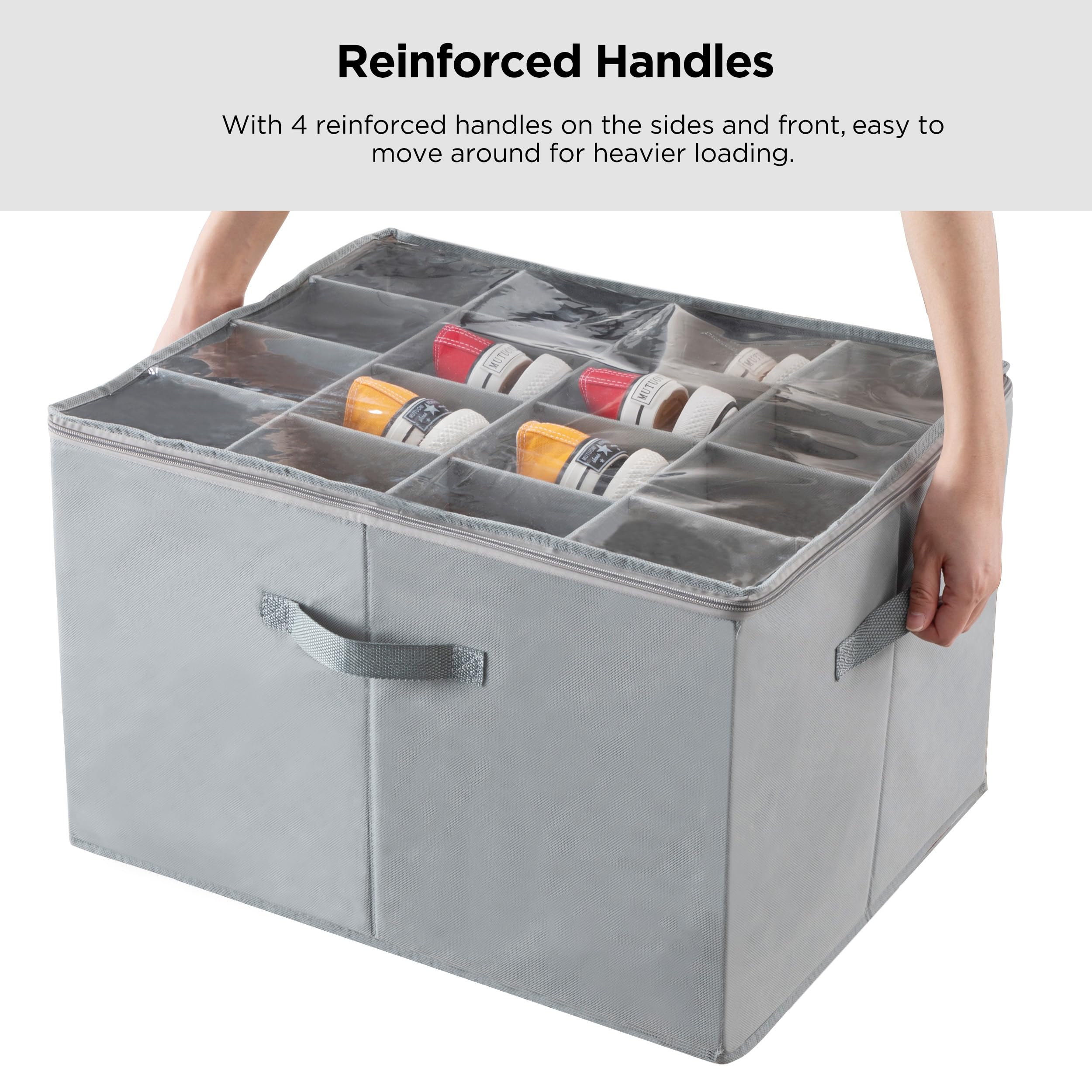 HBlife 2 Pack Large Foldable Shoe Storage Organizer Box with Clear Cover & Adjustable Dividers - Stackable Space Saving Shoe Bin for Closet - Holds Up to 16 Pairs (Grey) - Perfect for Bedroom, Entryway & Dorm Organization