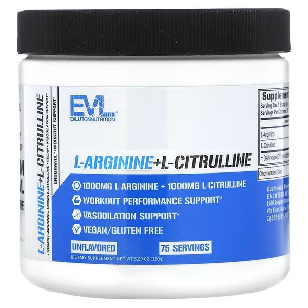 EVLution Nutrition L-Arginine + L-Citrulline Supplement 150g - Supports Muscle Growth, Energy & Circulation - Pre-Workout & Post-Workout Recovery