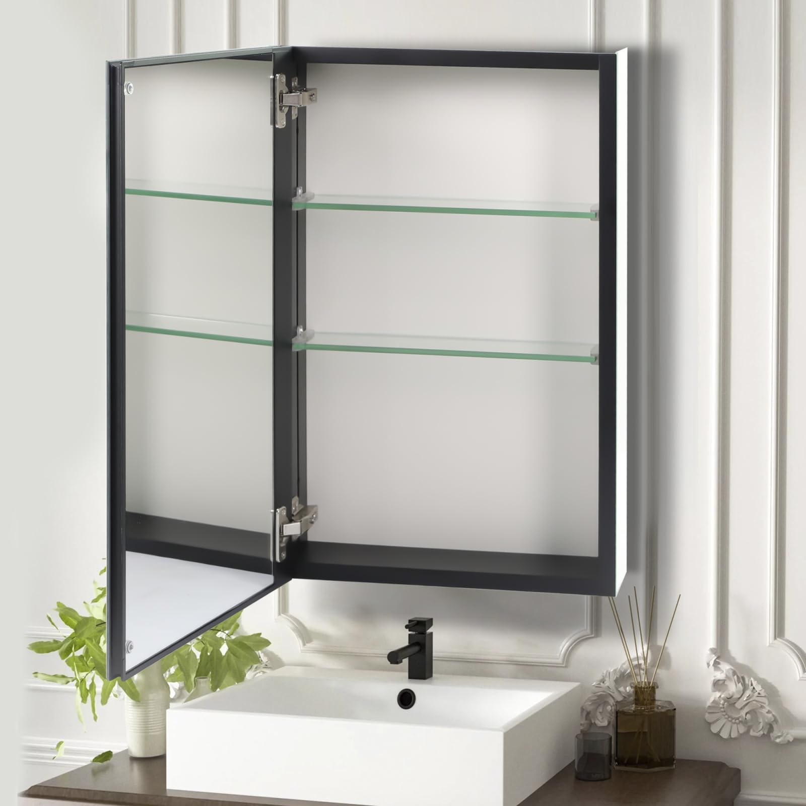 15x24 Inch Black Aluminum Frameless Medicine Cabinet with Mirror - Adjustable Shelves, Recessed or Surface Mount for Bathroom - Perfect for Small Spaces, Vanity Storage & Modern Bathroom Decor
