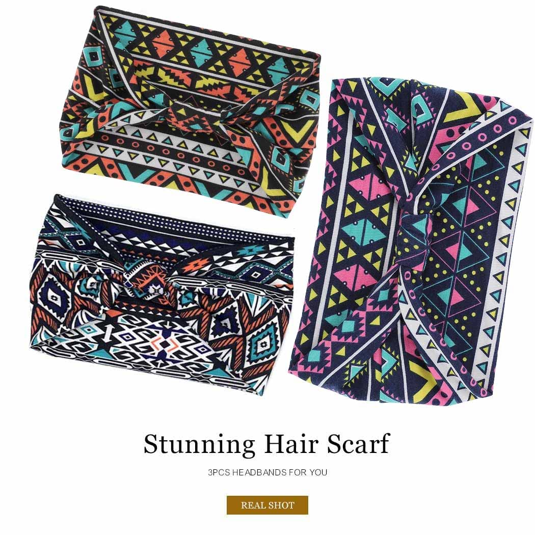 Boho Headbands for Women - African Wide Elastic Hair Bands & Head Scarves Set of 3 - Perfect for Everyday Wear, Workouts, and Fashion Accessories